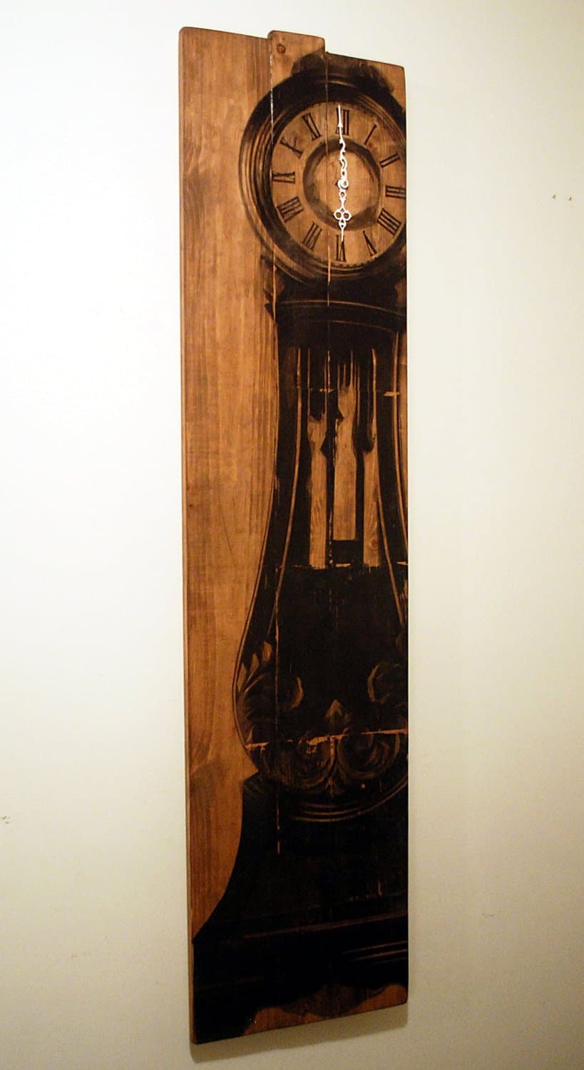Tall Wall Clock Large Grandfather Clock Art on Solid Wood Planks 60" x 15"