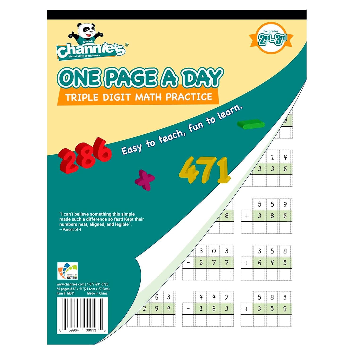 Channie's One Page A Day Math Workbook, Triple Digit Math Practice Worksheets, 50 Pages Front and Back, 25 Sheets, Grades 2nd and 3rd, Addition and Subtraction workbook , Size 8.5” x 11”
