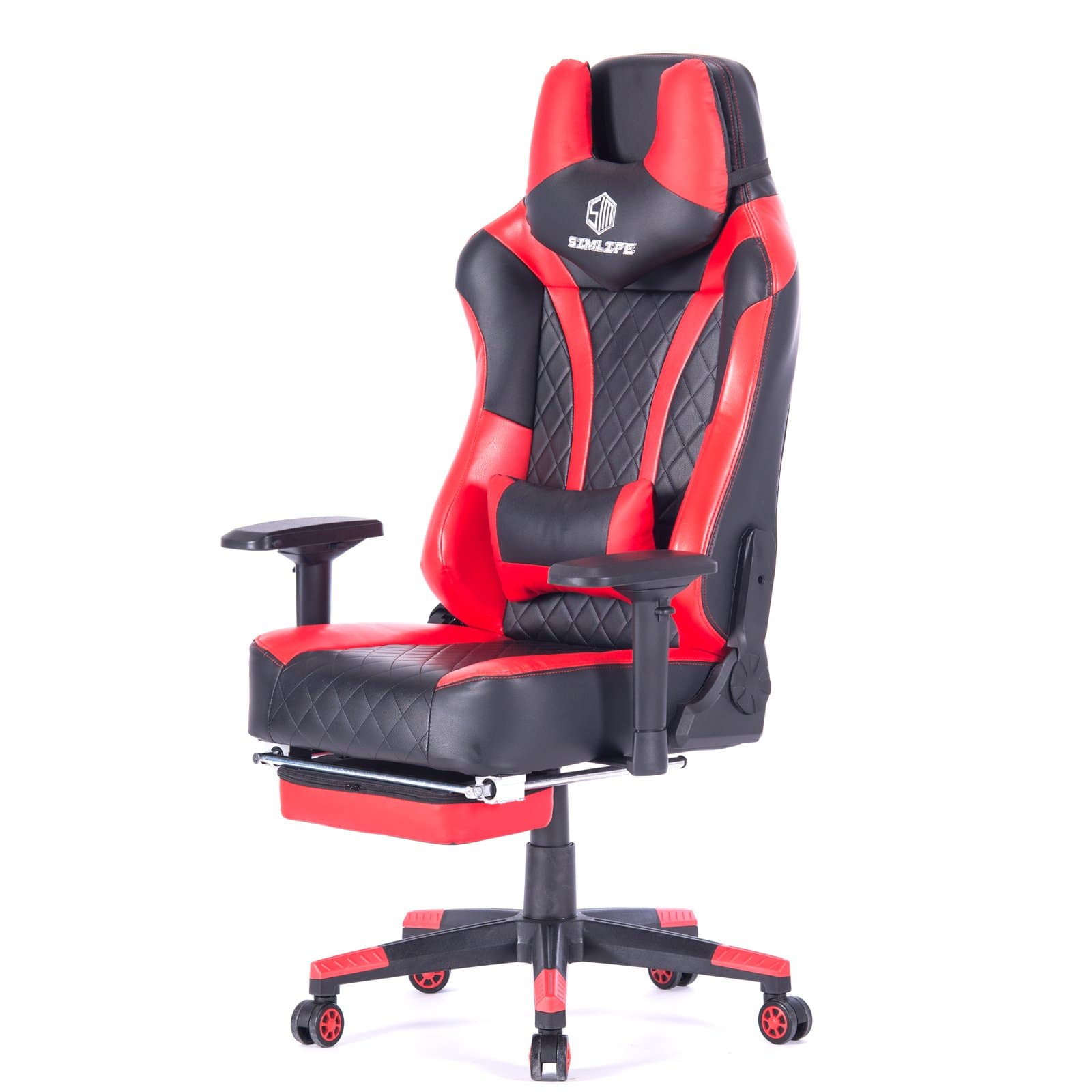 SimLife Lumbar and Headrest Support Red/Black Ergonomic Gaming Computer High Back Leather Swivel Gamer Racing Executive PC Office Desk Chair with Footrest, Big