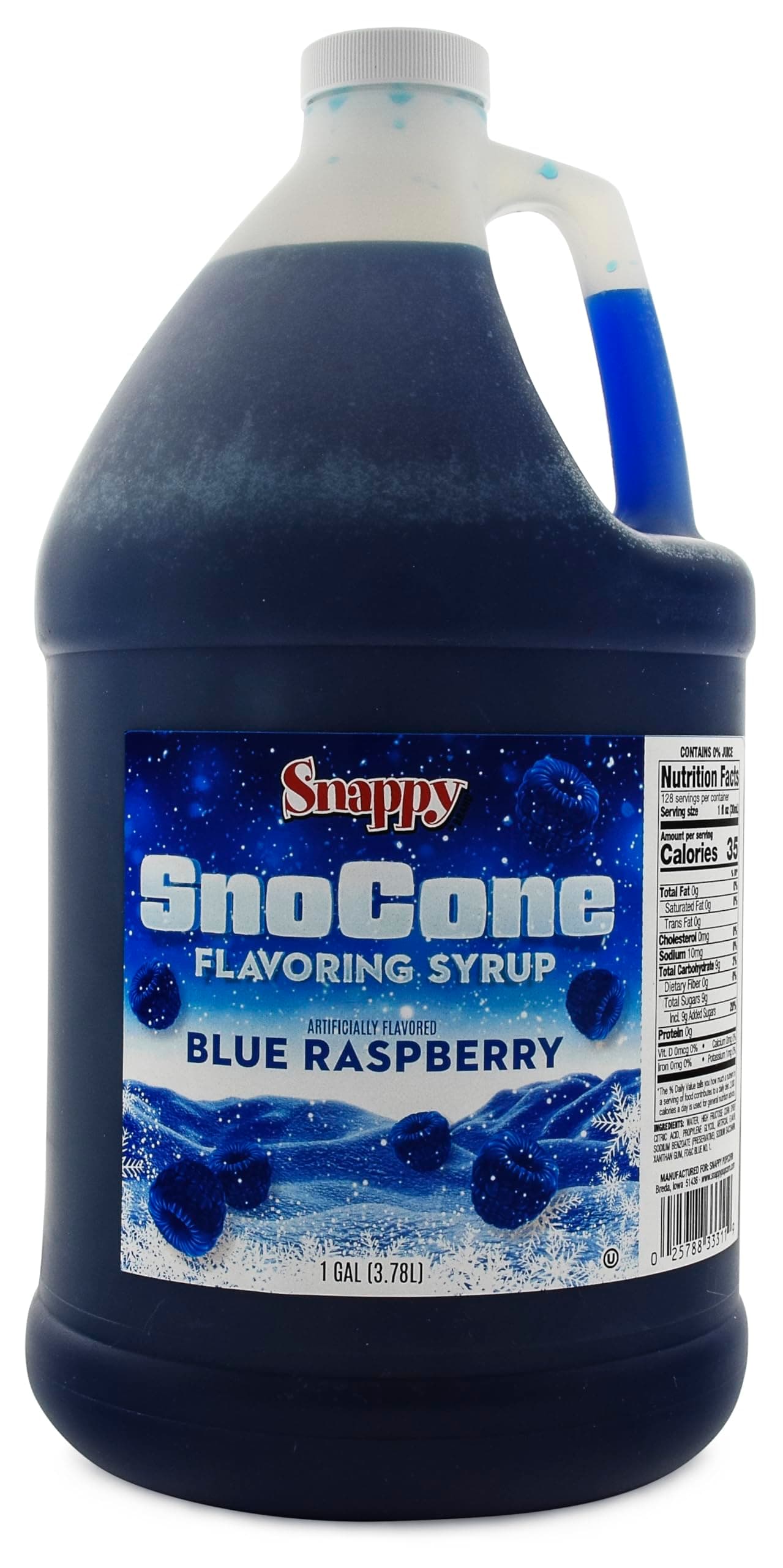 Snappy Blue Raspberry Sno Cone Syrup, 1 Gallon - Ready-to-Use Shaved Ice & Snow Cone Flavoring, Professional Grade Syrup for Sno Cone Machines, 14 Flavor Options
