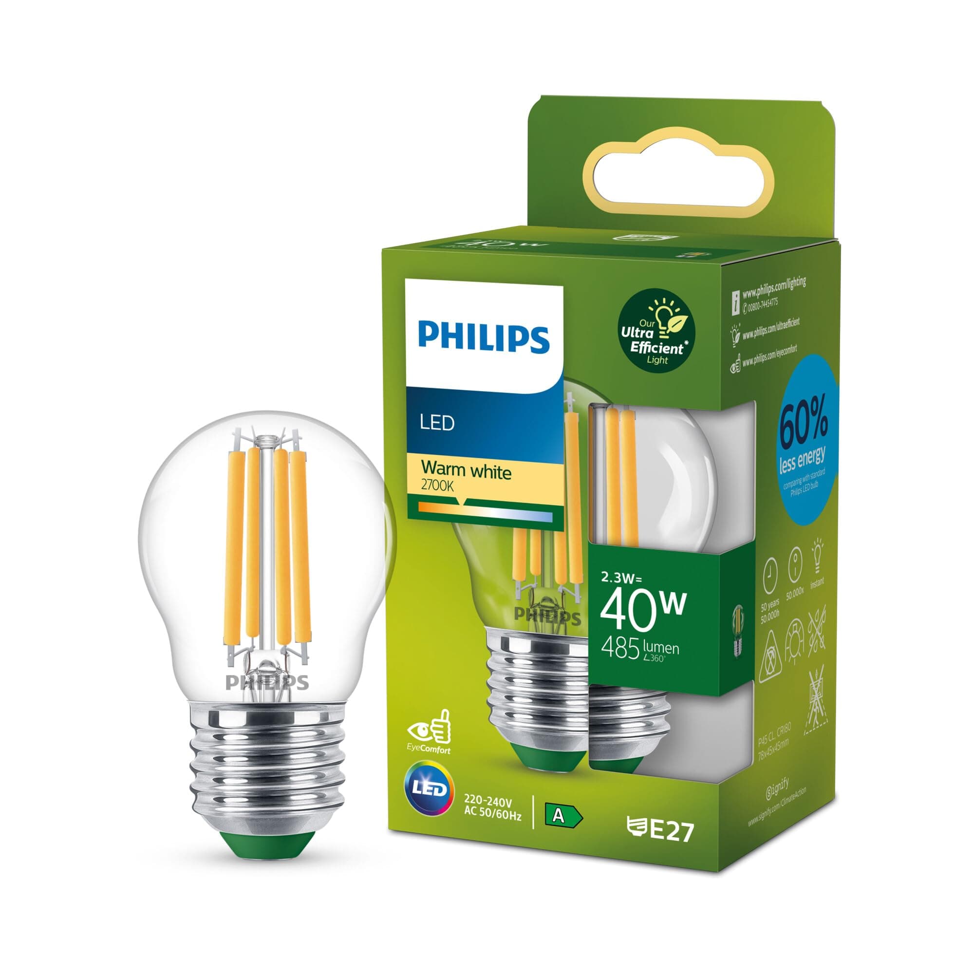 Philips Classic ultra-efficient LED bulb with energy efficiency class A, E27 base, replaces 40W, clear, warm white light, teardrop shape