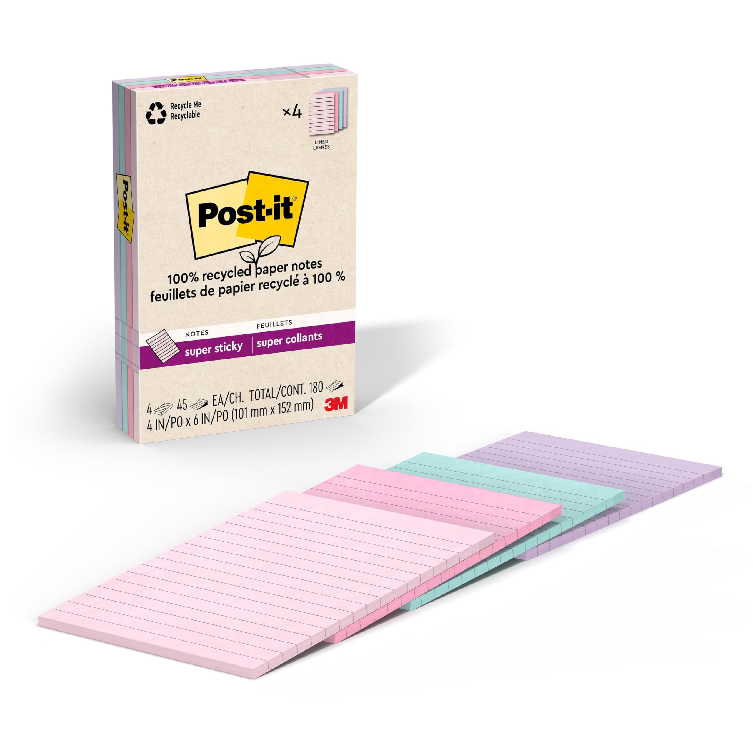 Post-it 100% Recycled Paper Super Sticky Notes, Lined, 4 in. x 6 in., 4 Pads, 45 Sheets per Pad, Wanderlust Pastels, School Supplies and Office Products