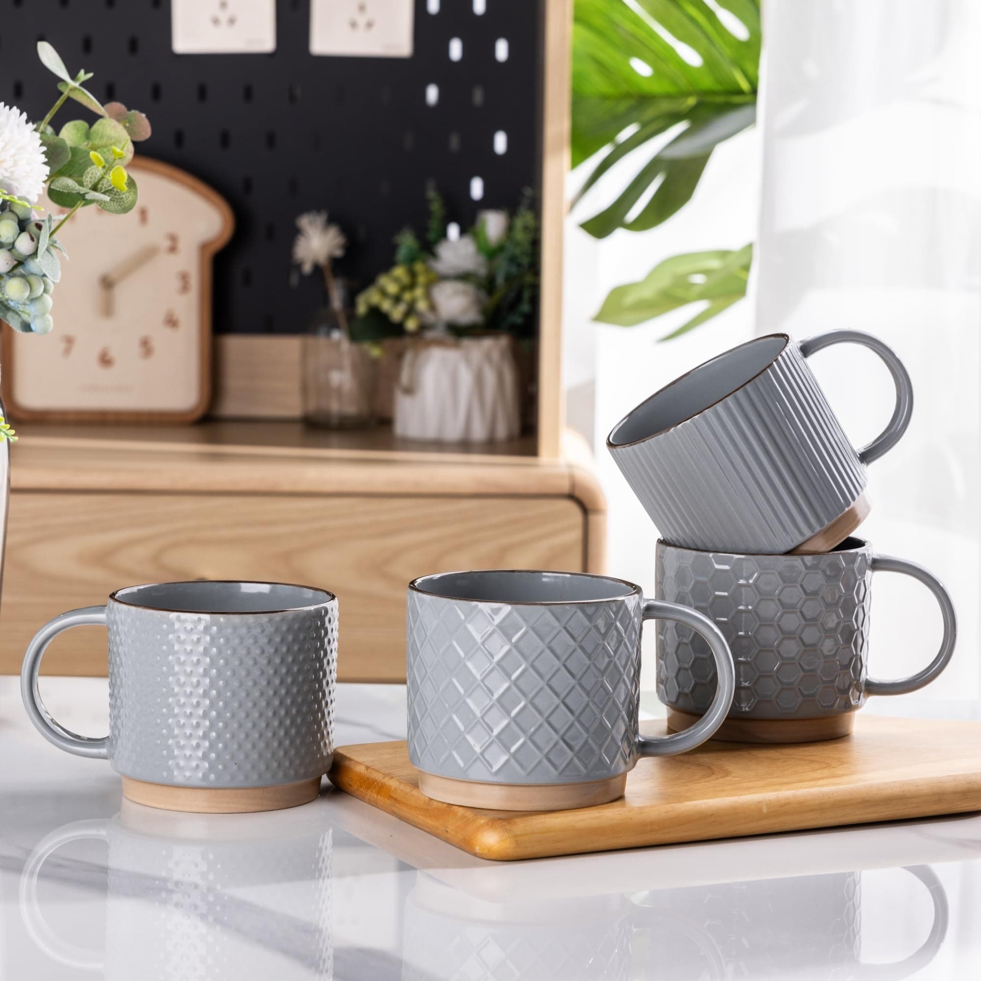 GBhome 12OZ Stackable Coffee Mugs, Ceramic Coffee Mugs with Texture Patterns for Man,Woman,Dad,Mom, Modern Coffee Cups Set of 4 for Latte/Cappuccino/Cocoa. Dishwasher&Microwave Safe, Gray