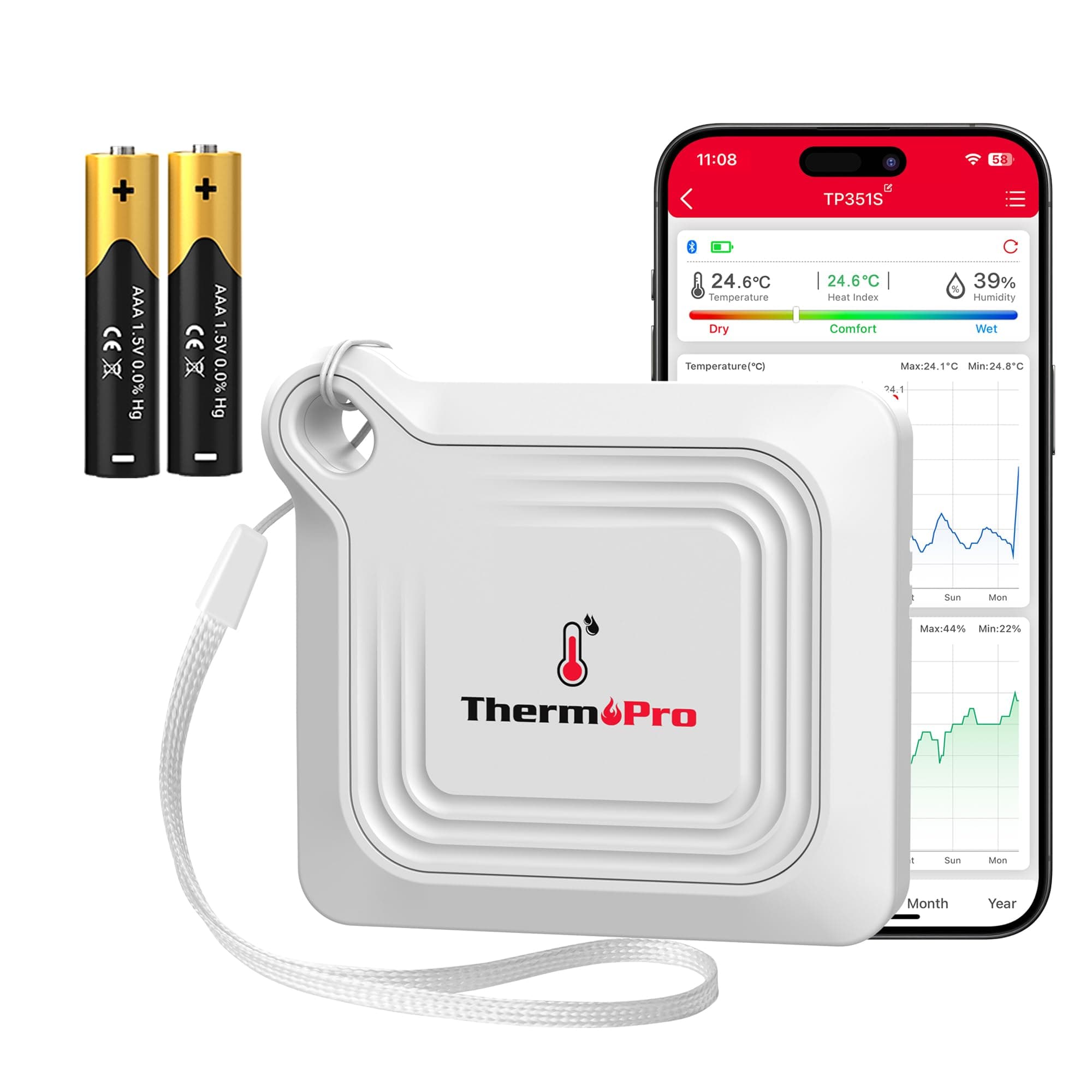 Bluetooth Thermometer Hygrometer, 260FT Range Temperature Sensor Greenhouse Thermometer, Remote App Control Temperature and Humidity Monitor with 2-Year Data Logging Export (TP351)