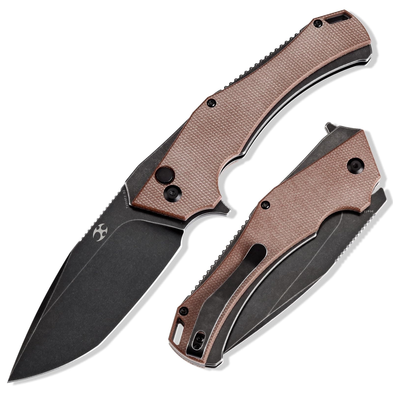 KANSEPT Hellx Pocket Folding Knives Button Lock for Men EDC Pocket Knife 3.6'' Black Stonewashed D2 Blade Excellent Folding Knife with Brown Micarta Handle EDC Knife T1008F2