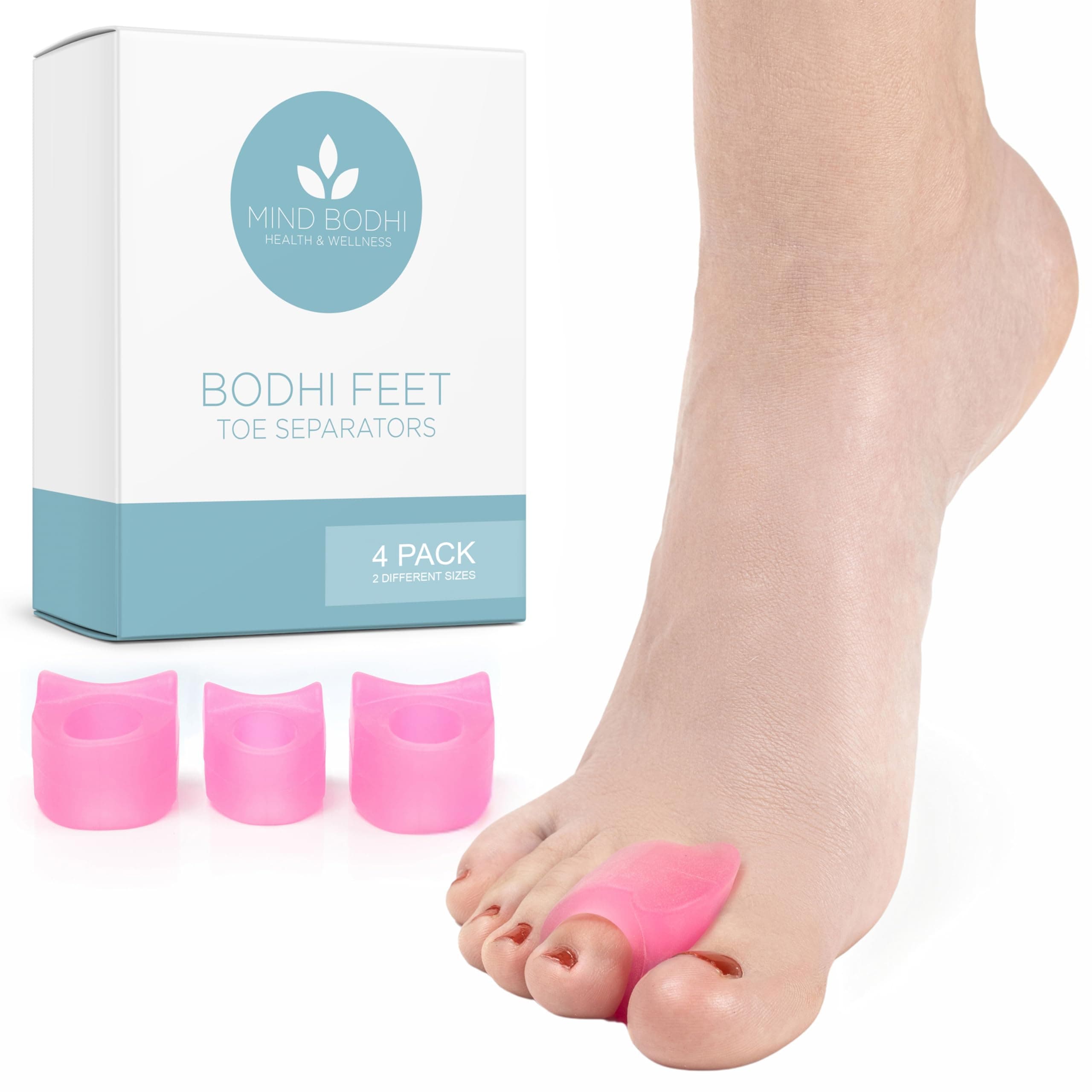 Mind Bodhi Single-Loop Toe Separators 4-Pack: Correcting Bunions and Restoring Toes to Their Original Shape - For Men and Women - Toe Spacers Bunion Corrector - Pink