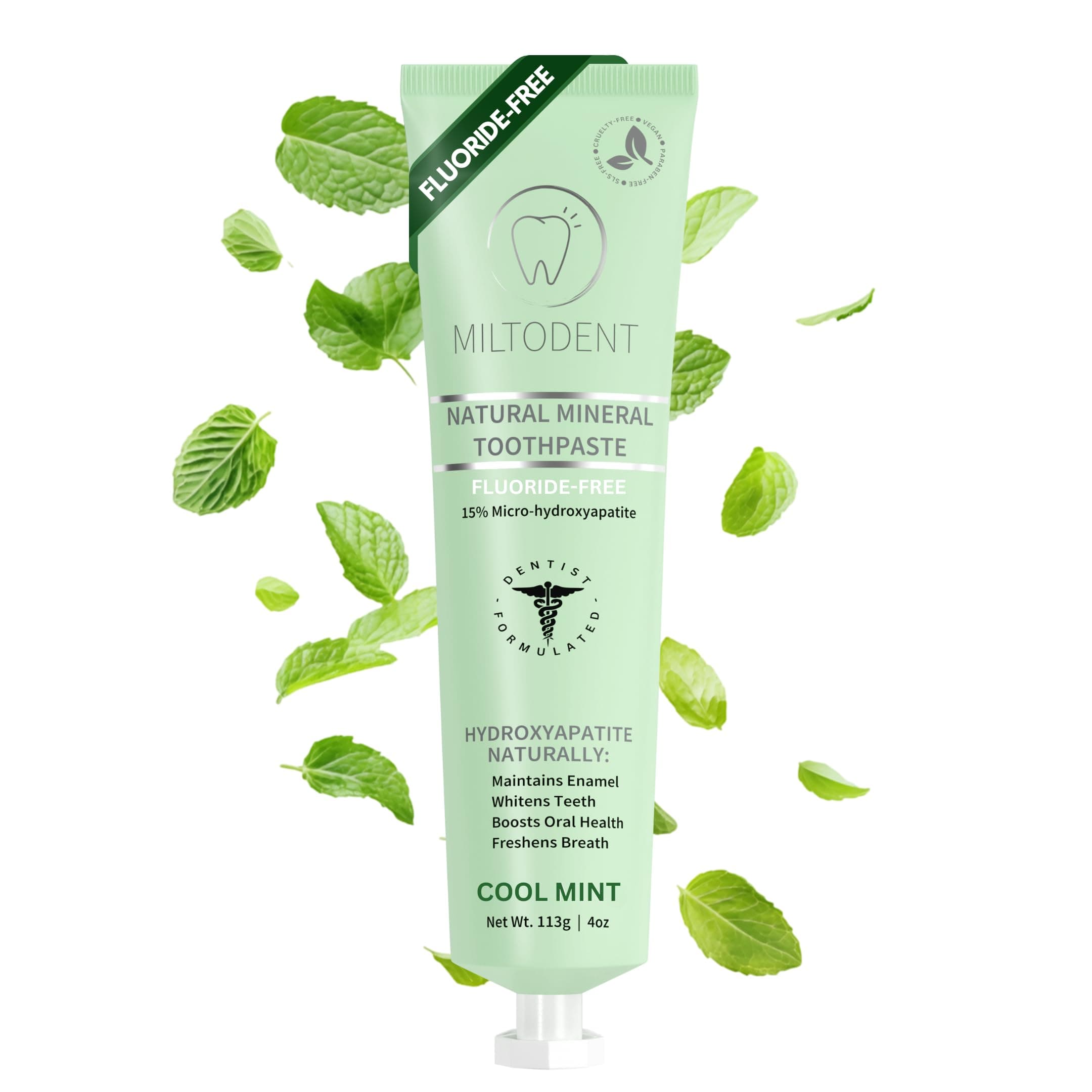 MILTODENT Premium Hydroxyapatite Toothpaste – 15% Micro-Hydroxyapatite | Fluoride-Free, Best Taste, Foam-Free, Natural Mineralizing | Safe Alternative to Nano-Hydroxyapatite | SLS-Free & Natural 4oz