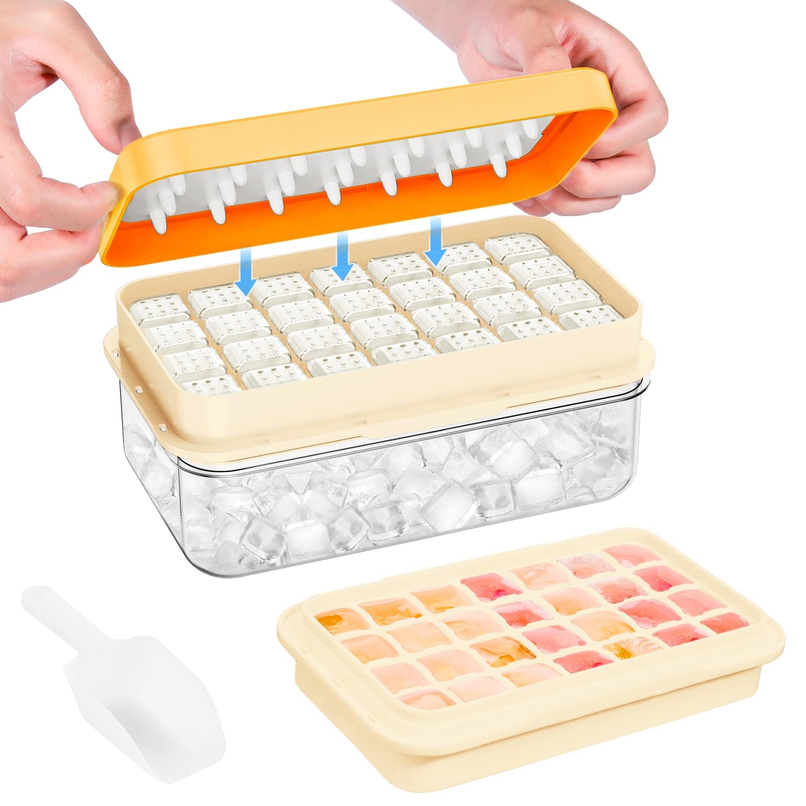 Ice Cube Tray with Lid and Bin, 28 pcs Ice Cubes Molds, Ice Trays for Freezer, Ice Cube Tray Mold, with 1 tray, Ice Freezer Container, Spill-Resistant Removable Lid & Ice Scoop, for Whiskey,Cocktail