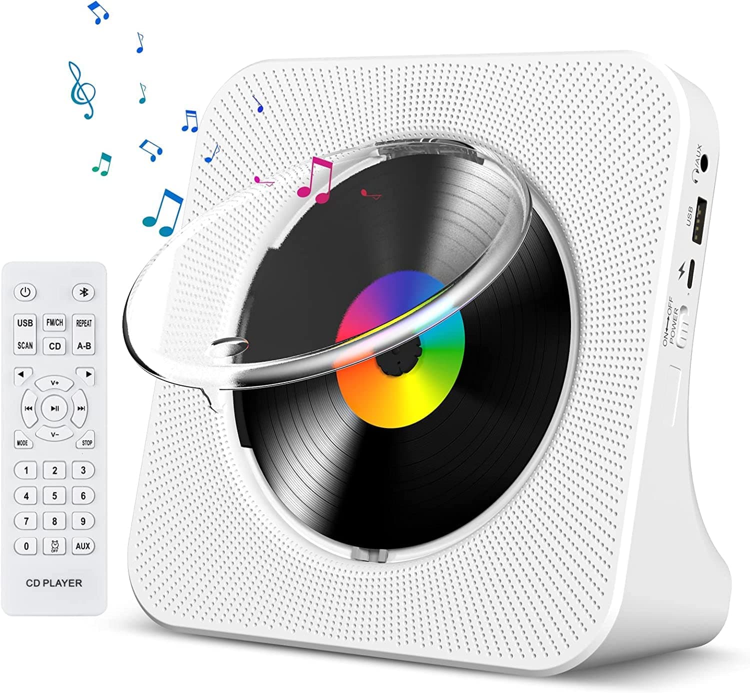 CD Player Portable Bluetooth Desktop CD Player for Home with Timer Built-in HiFi Speakers with LCD Screen Display Boombox FM Radio USB Type-c (White)
