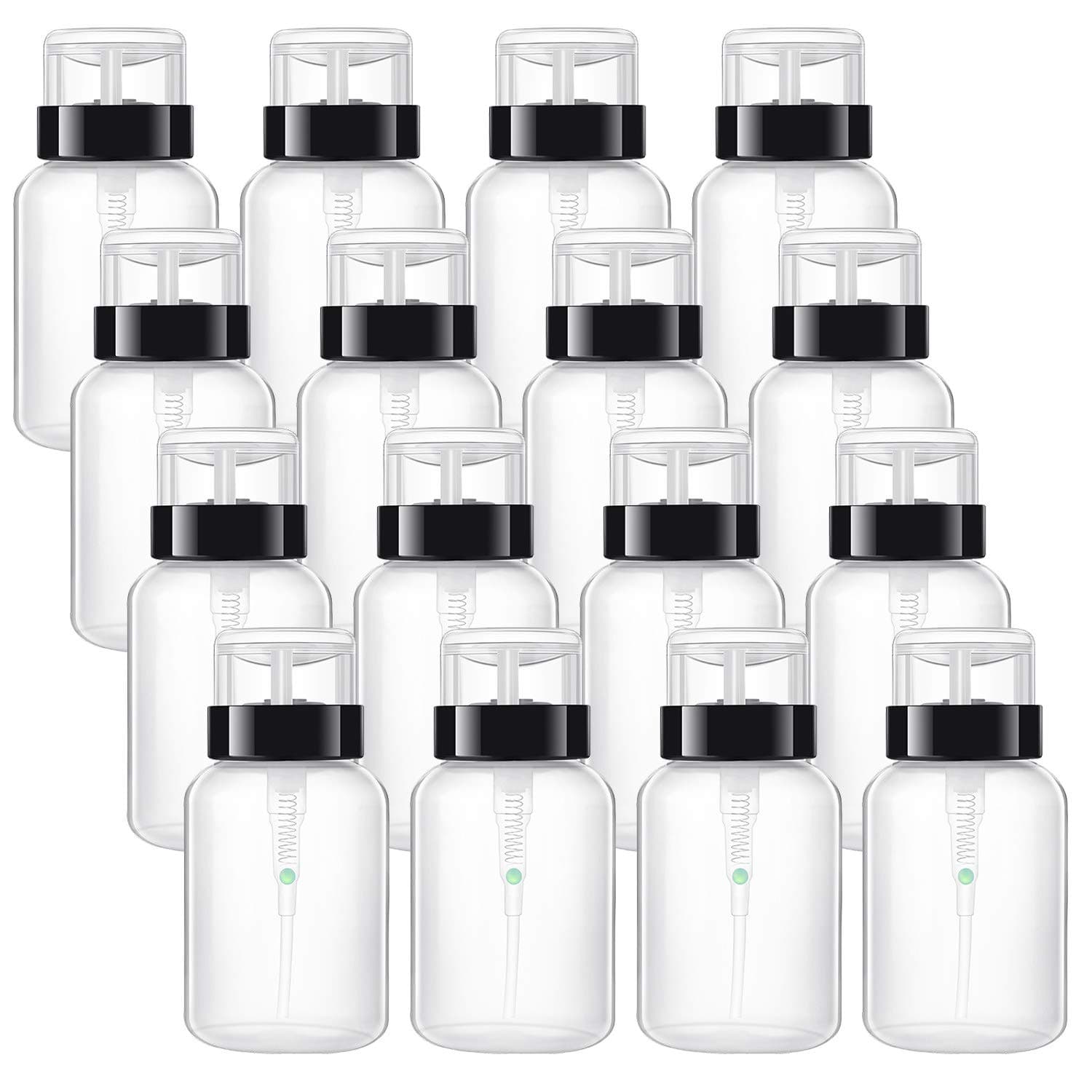 Hedume 16 Pack Push Down Empty Lockable Pump Dispenser Bottle, 6.8oz Professional Push Down Liquid Pumping Empty Bottle Dispenser for Nail Polish and Makeup Remover