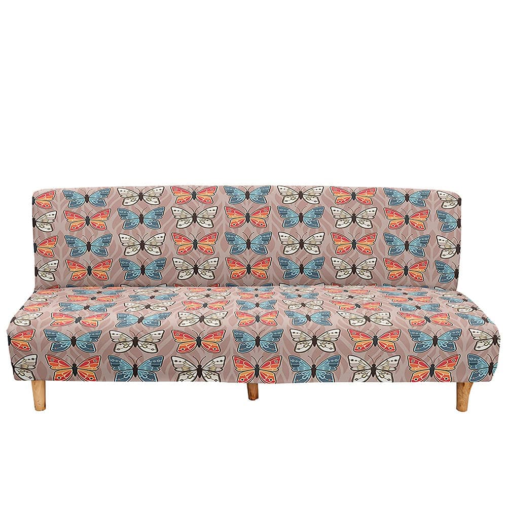 Mateju Armless Sofa Bed Cover, Butterfly Pattern Folding Sofa Bed without Armrests, Non Slip Stretch Futon Slipcover Protector for 2-3 Seater, Washable Couch Bed Slipcovers (Light Brown,120-150cm)