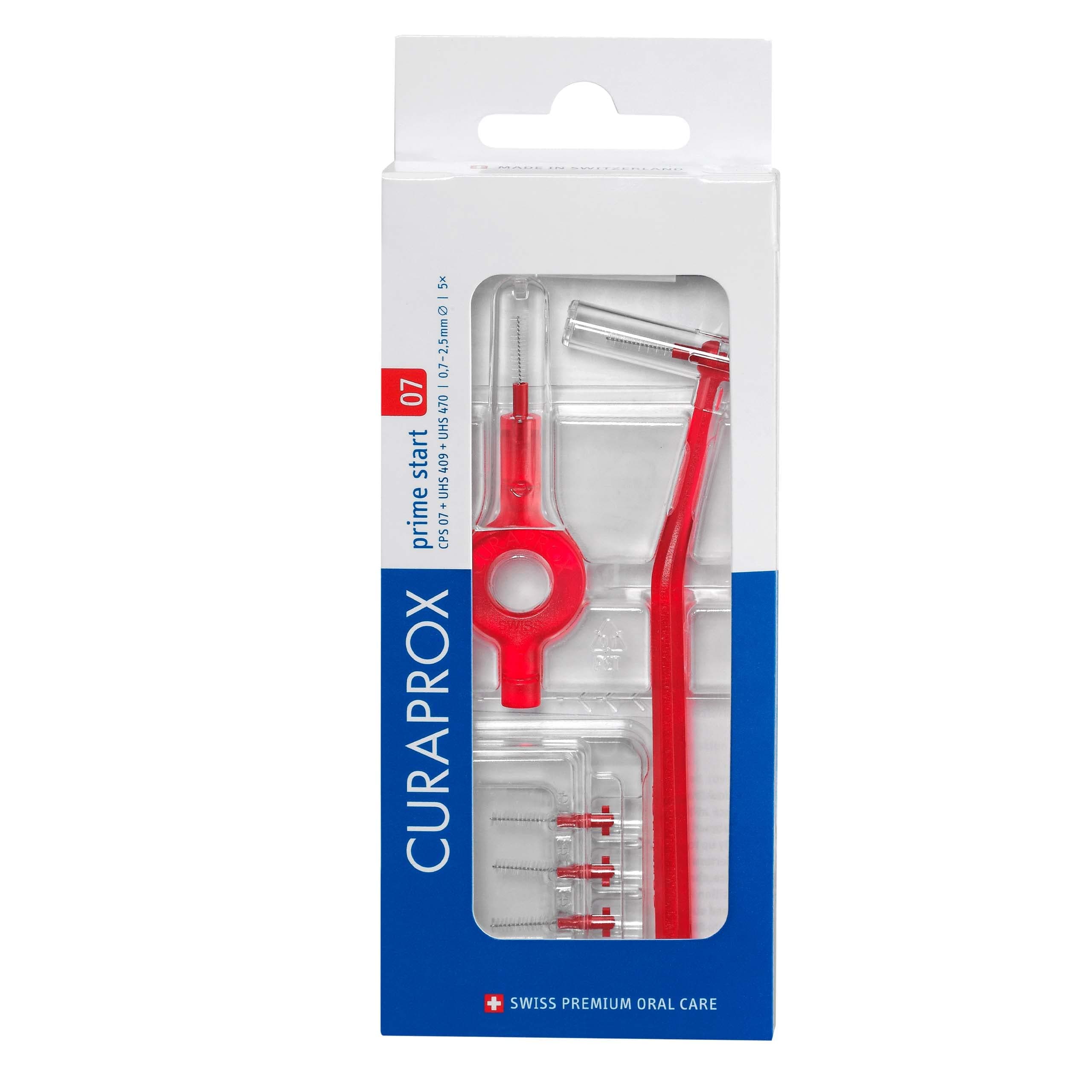 CPS 07 Prime Start Interdental Brush Set |Starter Set with 5 Brushes |2 Different Holders |Red | 0.7 mm Diameter |2.5 mm Effectiveness | Made in Switzerland