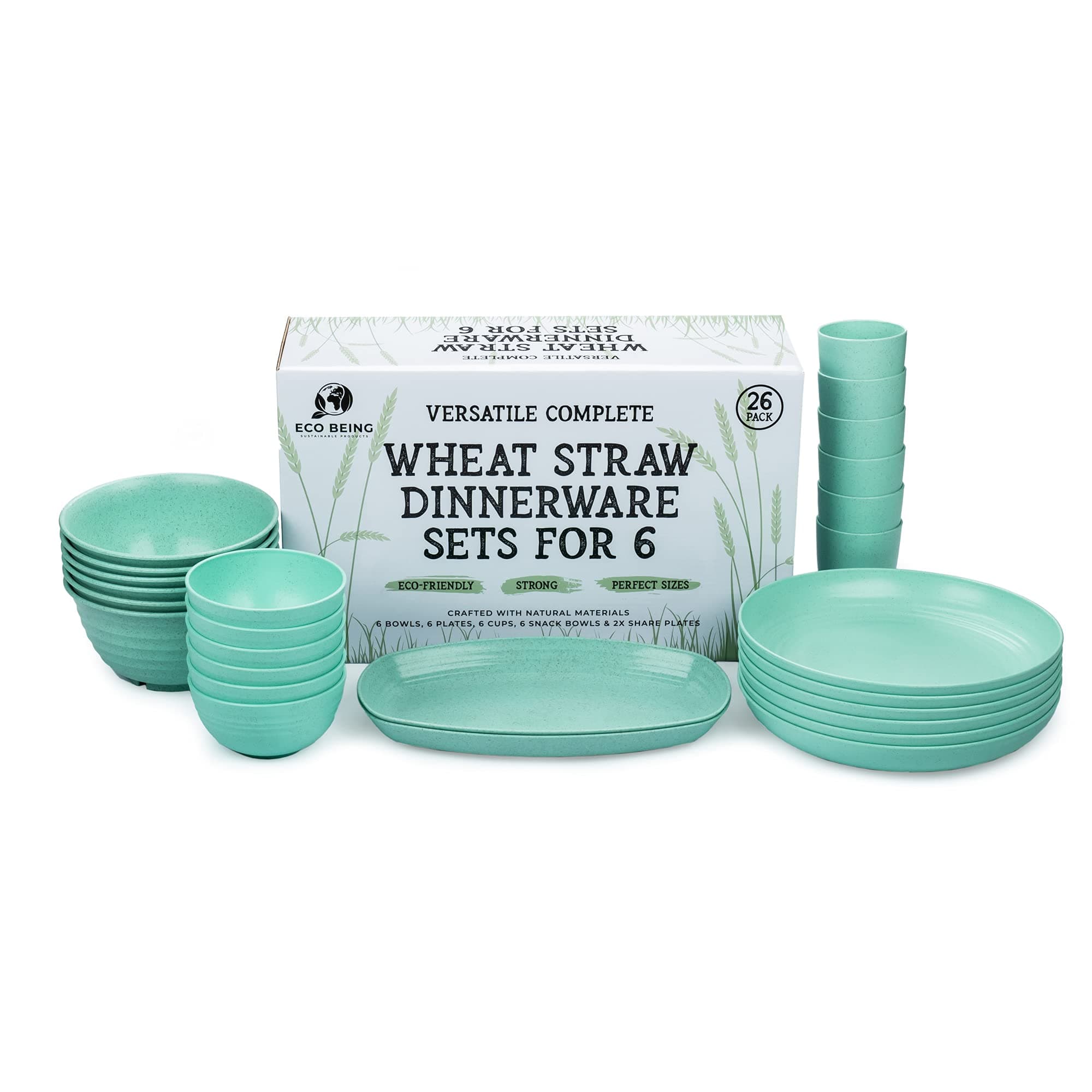 Eco Being Unbreakable Wheat Straw Dinnerware Sets (26pcs) Microwave & Dishwasher Safe, Stacking, Non Breakable Cereal Bowls, Dinner Plates, Cups and Dishes Set for Kitchen, RV and Outdoor Camping