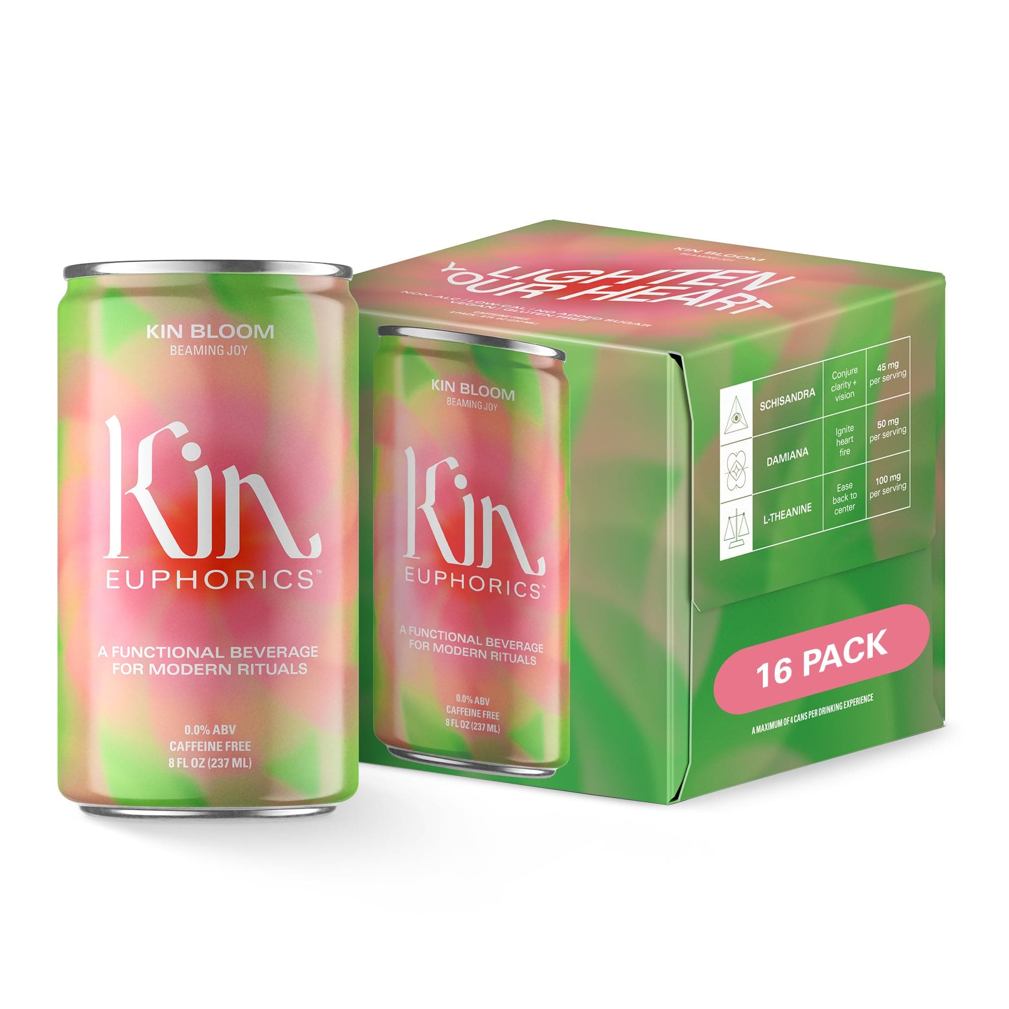 Kin Euphorics Kin Bloom Non-Alcoholic Functional Beverage | All day rosé | Elevate Your Mind & Spirit | Prebiotic | L-Theanine, Schisandra, Damiana | Ready to Drink | 8 Fl Oz (16pk)