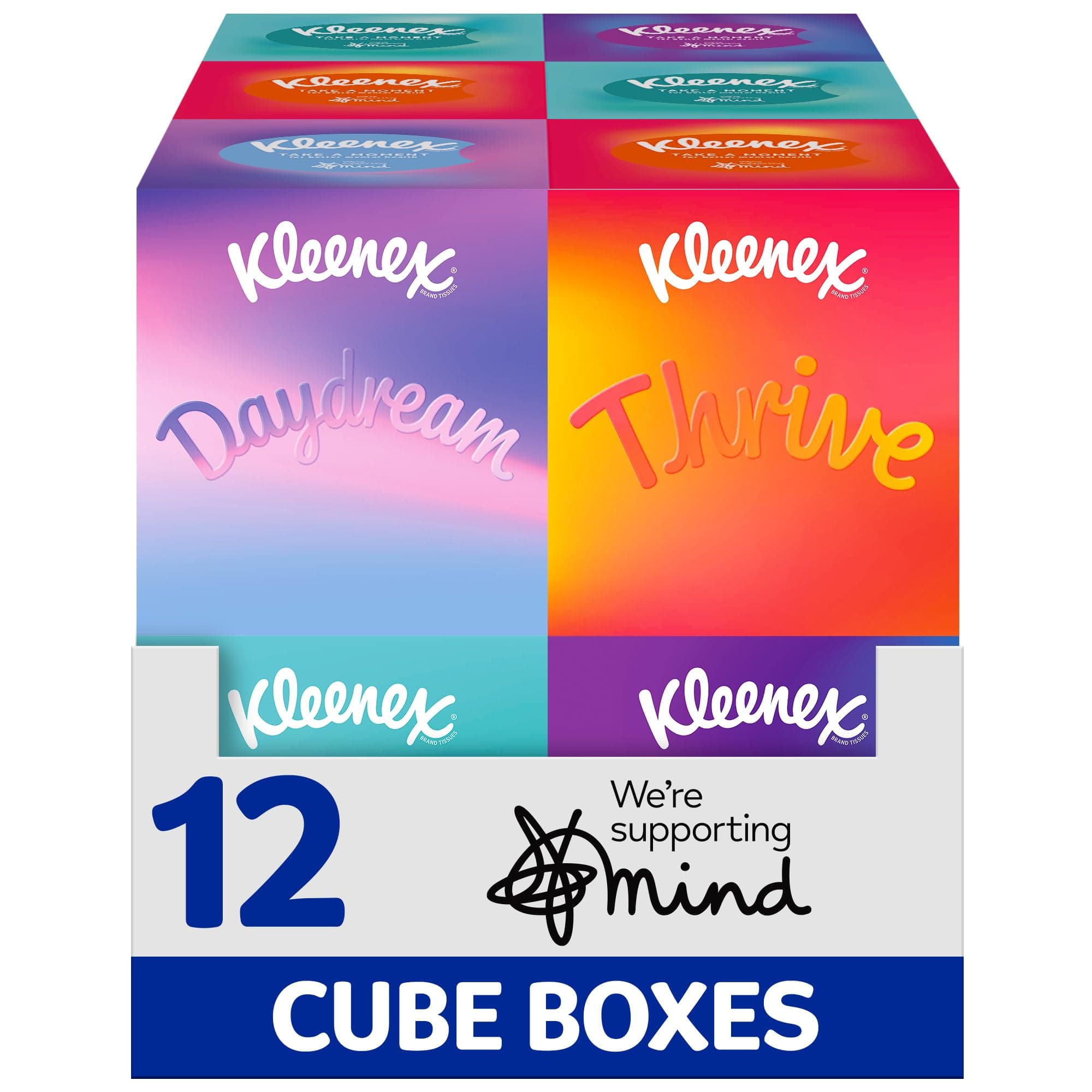 Kleenex Take a Moment Collection Tissues - 12 Cube Tissue Boxes - In Aid of Mind - Contains 4 Different Designs