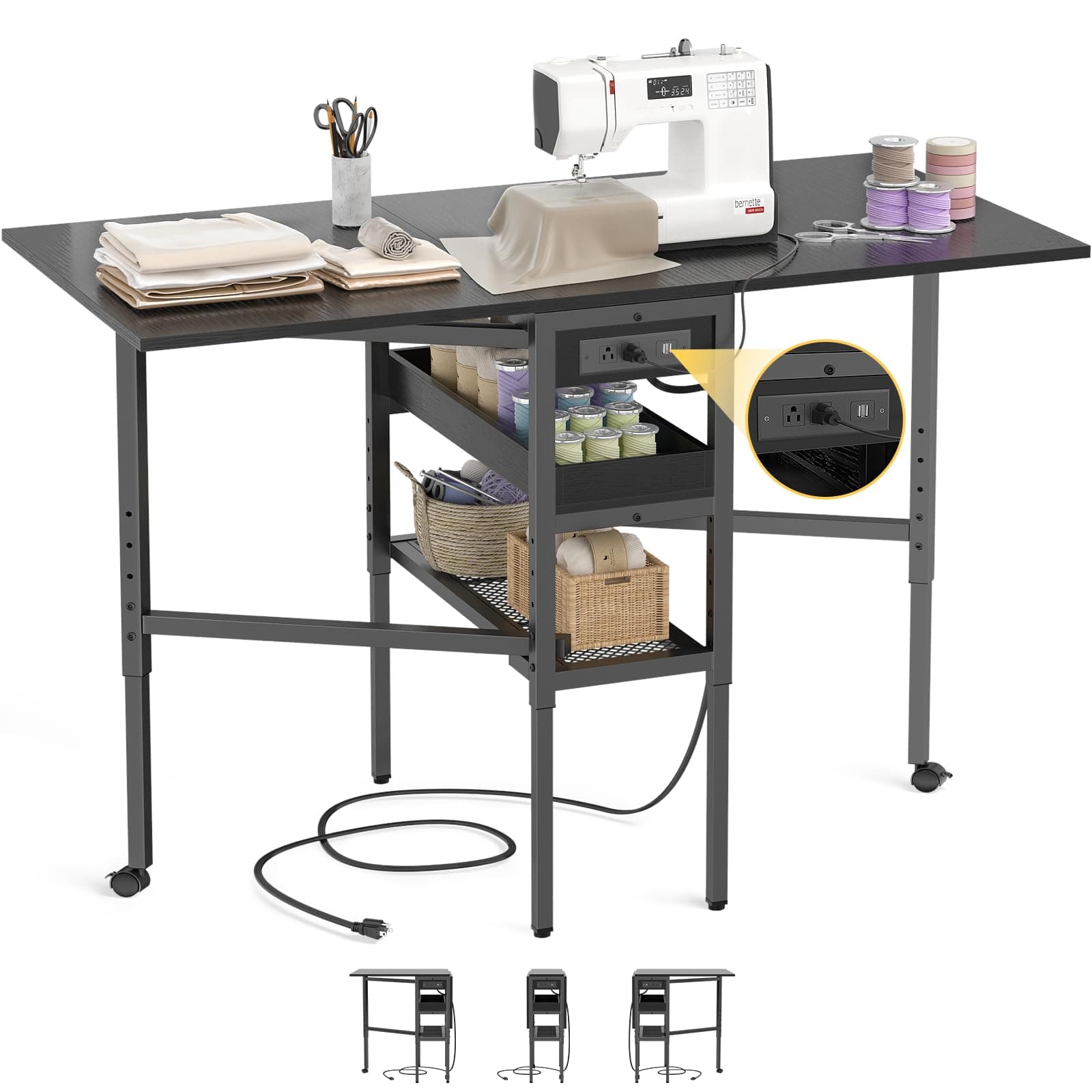 Besiost Folding Sewing Cutting Table with Charging Station, Height Adjustable Craft Table with Storage, 50" Foldable Fabric Cutting Tables for Sewing Room Craft Room, Black