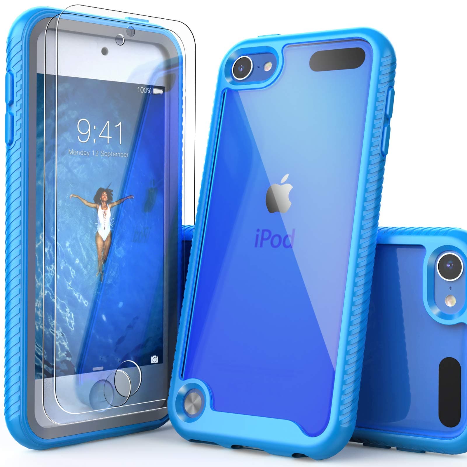 for iPod Touch 7th Generation Case,2 in 1 Shockproof iPod Case with 2 HD Screen Protectors,Hybrid Heavy Duty Protection Shock Resistant Cover for iPod Touch 5/6/7th Generation,Sky Blue