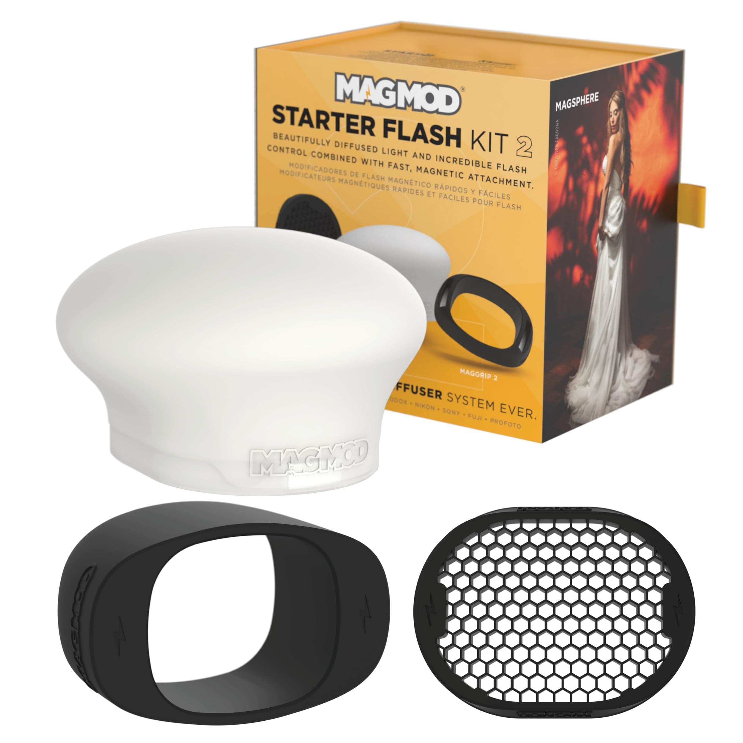 MagMod Starter Flash Kit 2 | Camera Speedlight Flash Diffuser | Magnetic Light Modifier Attachments | New and Improved MagMod Modifiers: MagGrip 2, MagSphere 2, MagGrid 2 | Superior Light Control