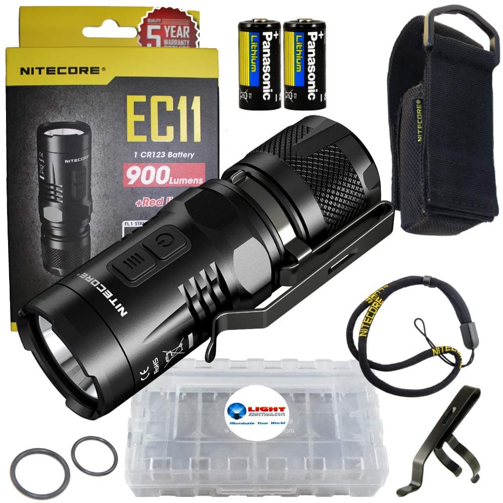 Nitecore EC11 White and Red Mini LED Flashlight Bundle with 2X Panasonic CR123A Batteries and a LightJunction Battery Case