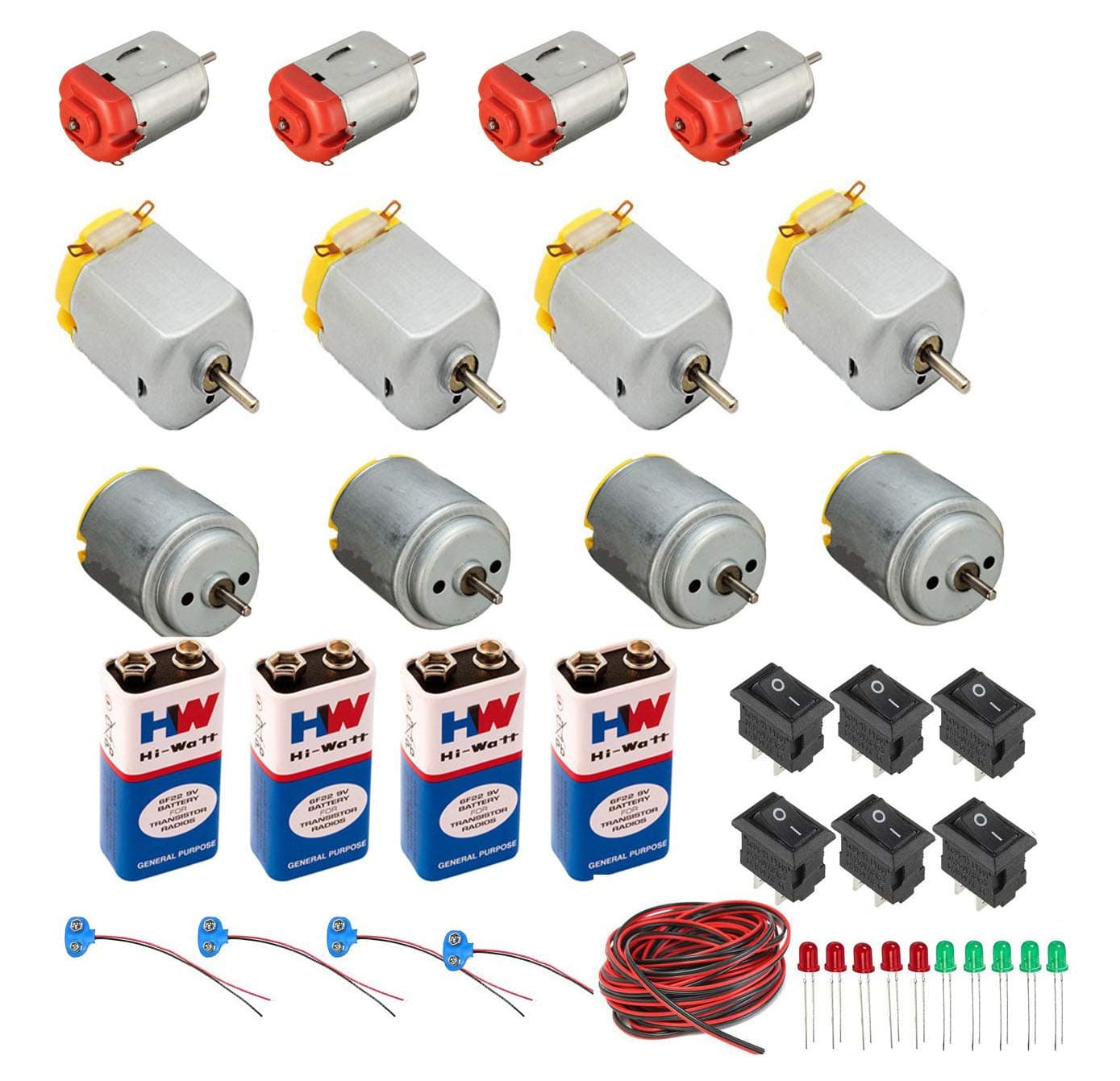 vyga Science Project Kit including 4 Small/4 Big 4 Round DC Motor and 4 Battery (9 V) with Snap Connector, 6 Mini Rocker Switch, 10 LEDs and 2 m Wire