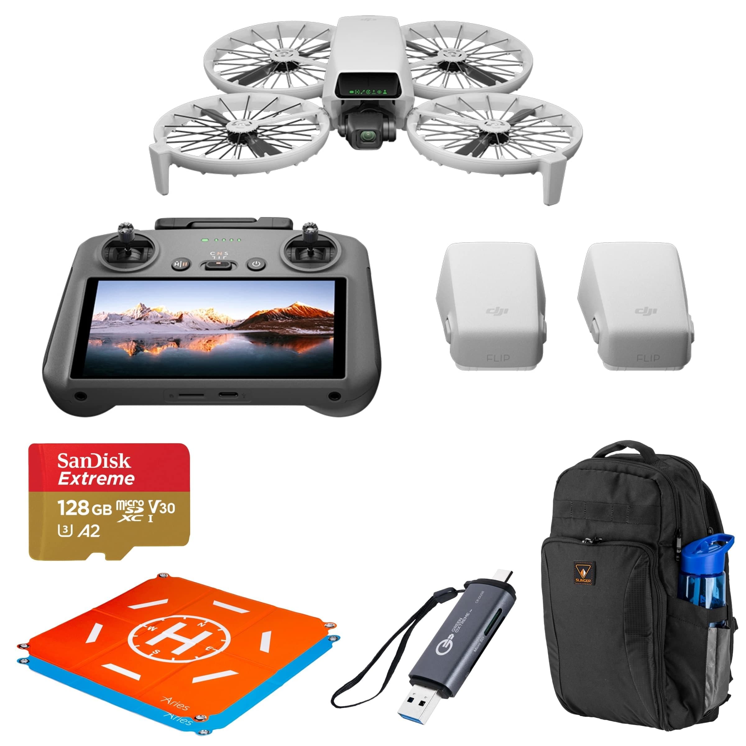 DJI Flip Drone Fly More Combo with RC 2 Remote Controller, 3 Batteries for 93-Min Flight Time + Backpack + SD Card + Landing Pad, Card Reader