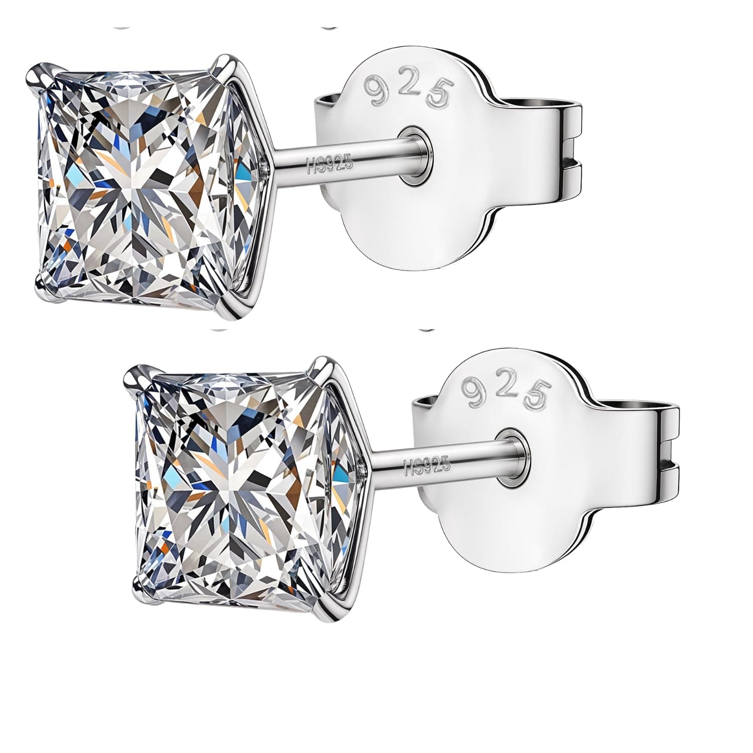 HIGHSPARK 925 Silver Square Solitaire Stud Earrings | 92.5 Sterling Silver & Square Brilliant Cubic Zirconia Tops for Men Women Boys & Girls