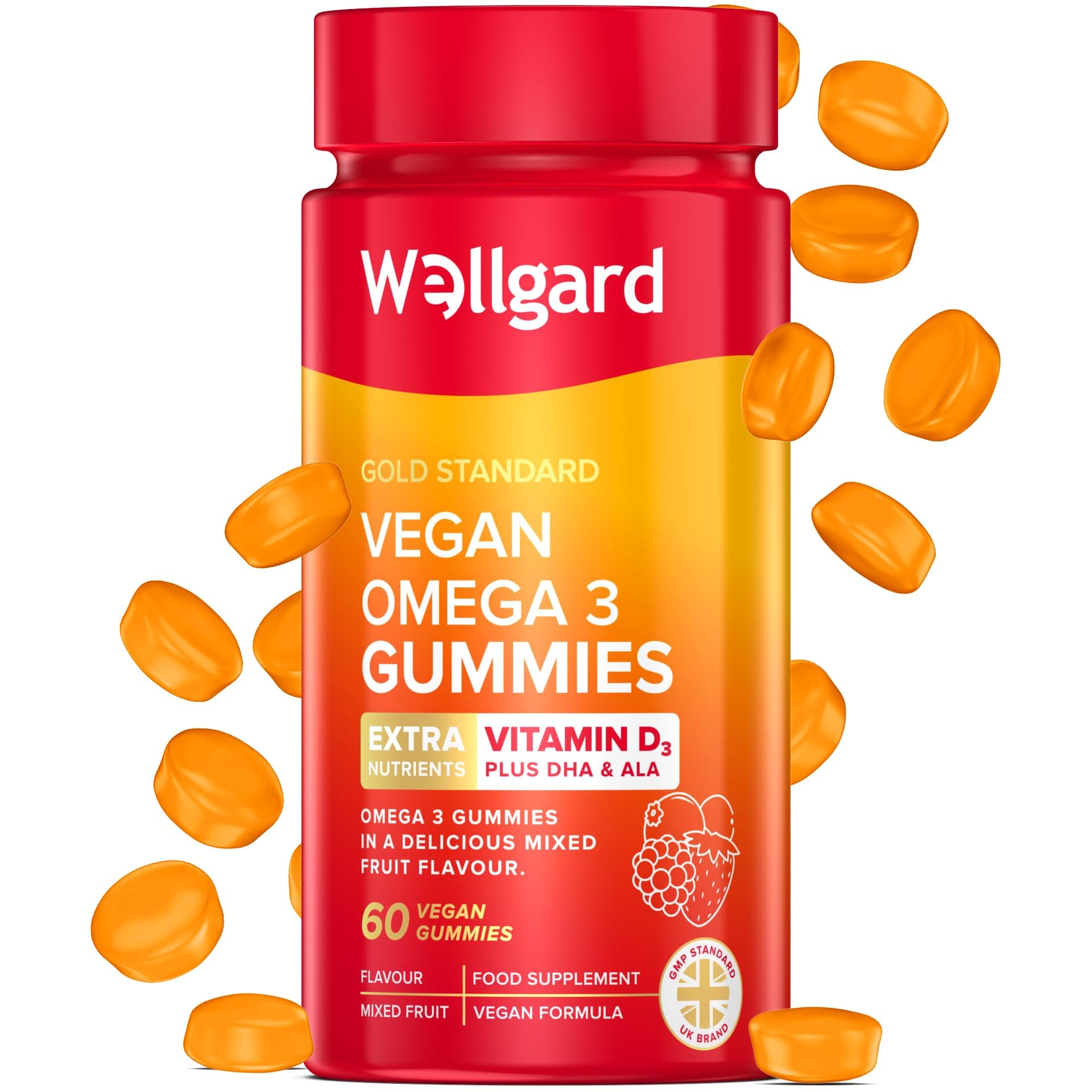 Wellgard Vegan Omega 3 Gummies by Wellgard - Chewable Algae-Derived DHA & ALA, Omega 3 Supplements, Allergen-Free, Natural Flavour, Formulated in UK