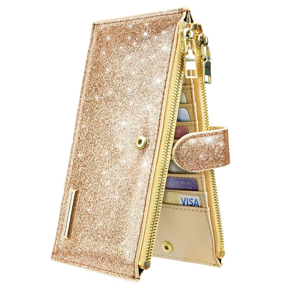 Womens RFID Blocking Large Capacity Wallet Multi Card Organizer Bifold Wallet for Women with Zipper Pocket, Glitter Gold, Large, Casual