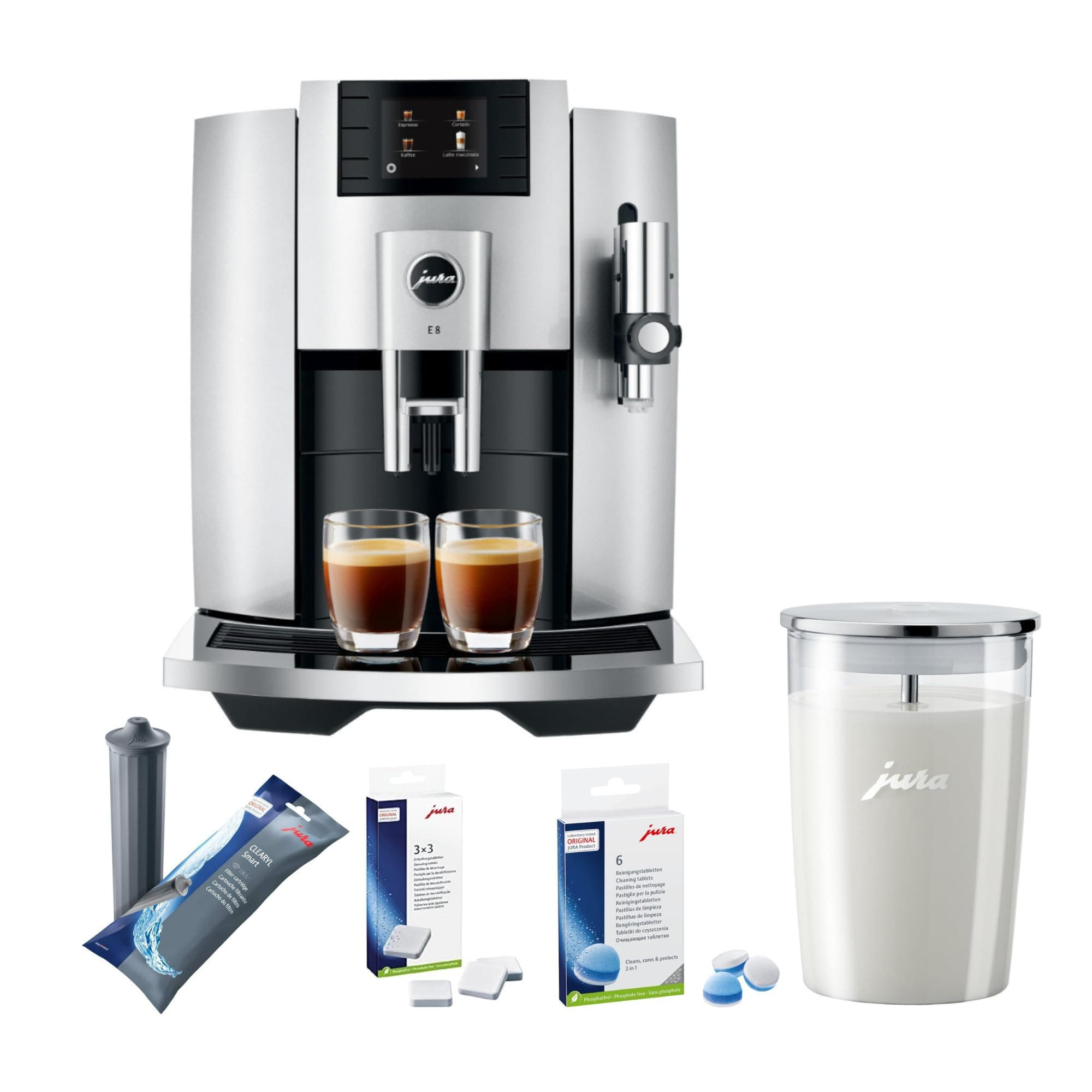 E8 Automatic Espresso Machine Bundle with Smart Filter Cartridge, 3-Phase 6 Cleaning Tablets, Glass Milk Container, and Decalcifying Tablets (9-Pack) (13 Items)
