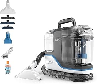 – SpotWash Max Duo Spot Cleaner, Upholstery, Sofa, Stairs, Rug, Stain Cleaning Small Handheld Shampooer Machine, Solution and Tools for Home, Car, Pets with Self-Clean, 500W, White / Blue, CDSW-MSXD