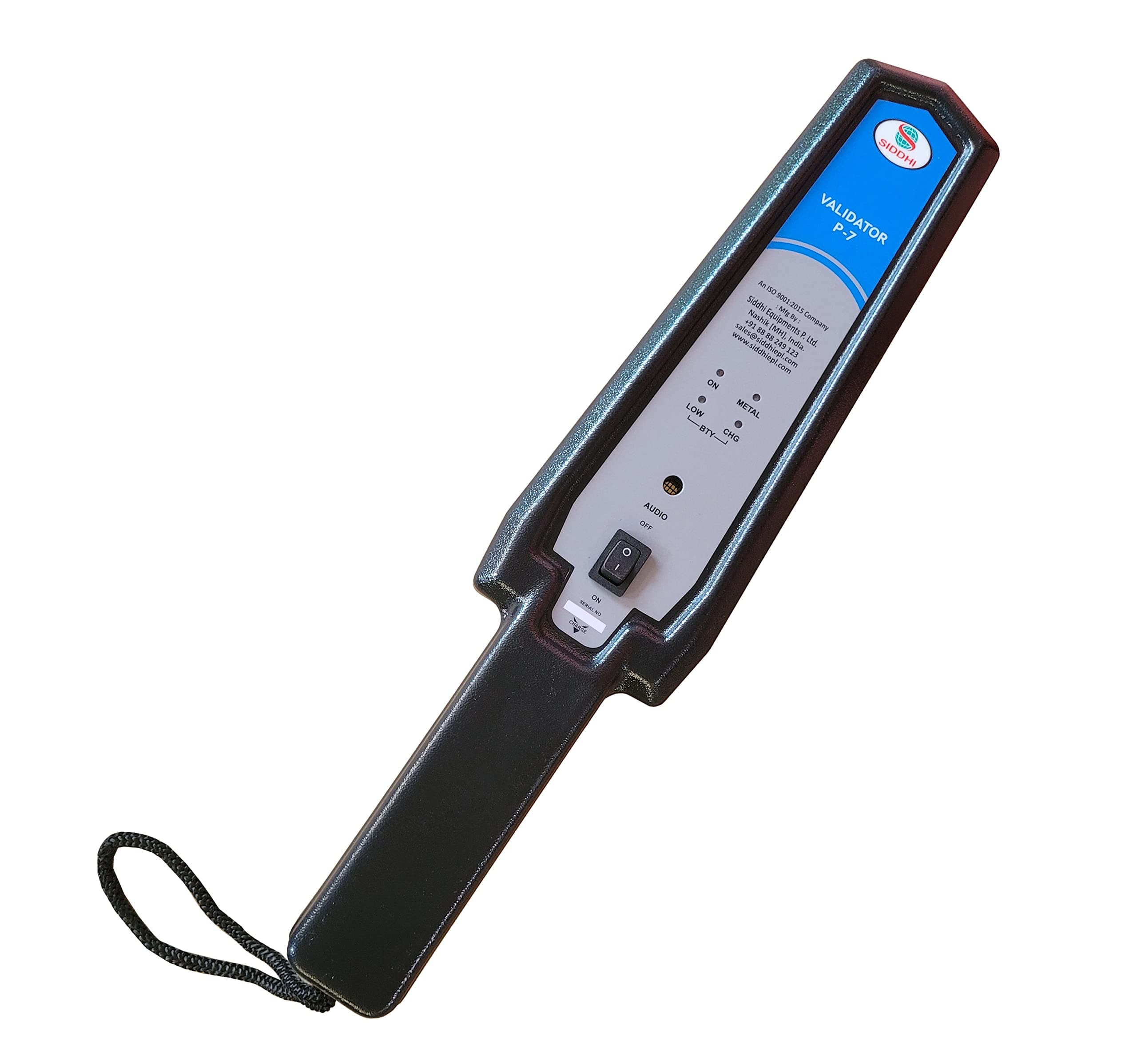 Hand Held Metal Detector Model Validator P-7 (Black-Blue) with LED Indicator for Malls, Airports, Railway Stations, Banks