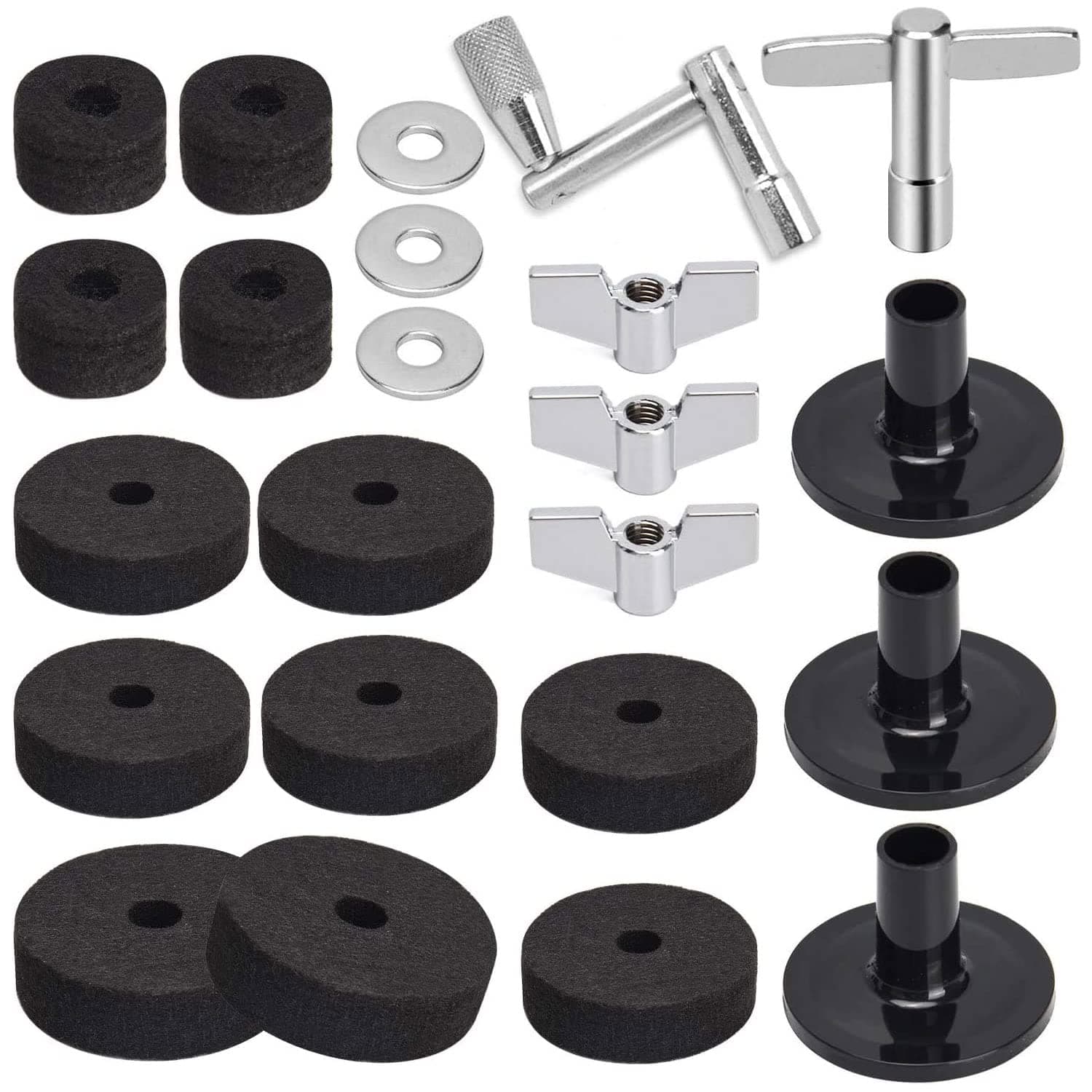 Excefore 23-Piece Cymbal Replacement Kit - Includes Felts, Wing Nuts, Washers, Sleeves & Drum Key for Drummers - Essential Accessories for Hi-Hat & Cymbals, Black
