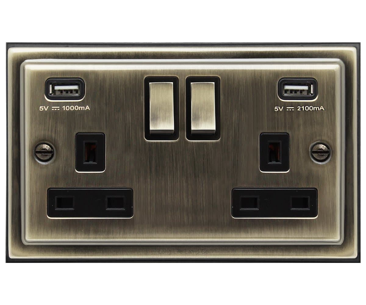 Antique Brass USB Double Wall Plug Socket 2 Gang 13A with 2 USB Charger Port Outlets Socket Plate BE776KME