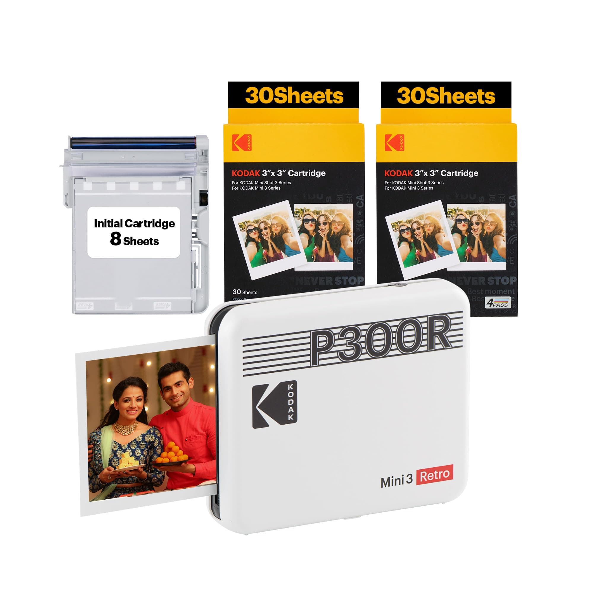 Mini 3 Retro, Portable Photo Colour Printer + 68 Sheets Bundle, White