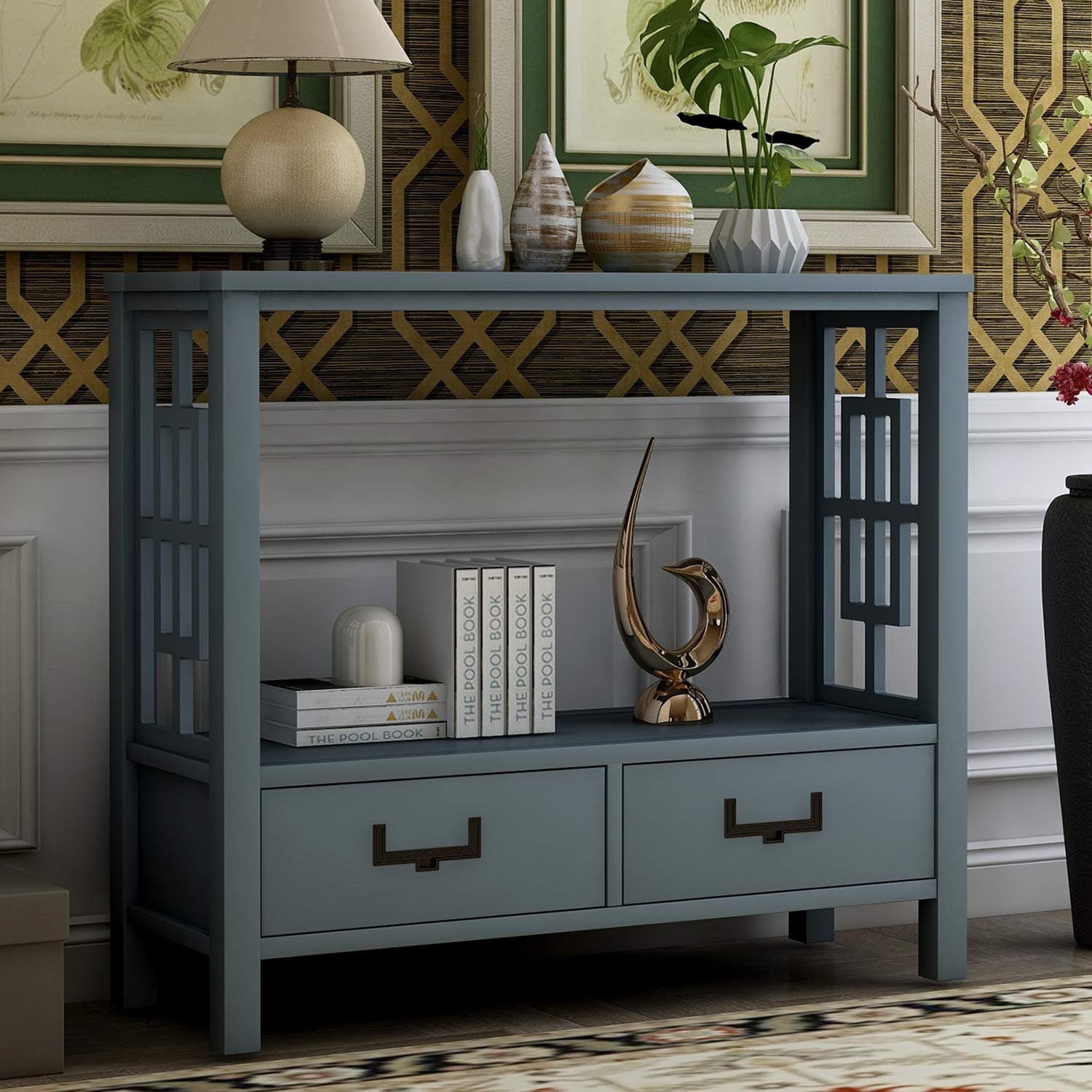 P PURLOVE Sofa Table Console Table for Entryway Wood Table with 2 Storage Drawers for Living Room Hallway Bedroom (Antique Navy)