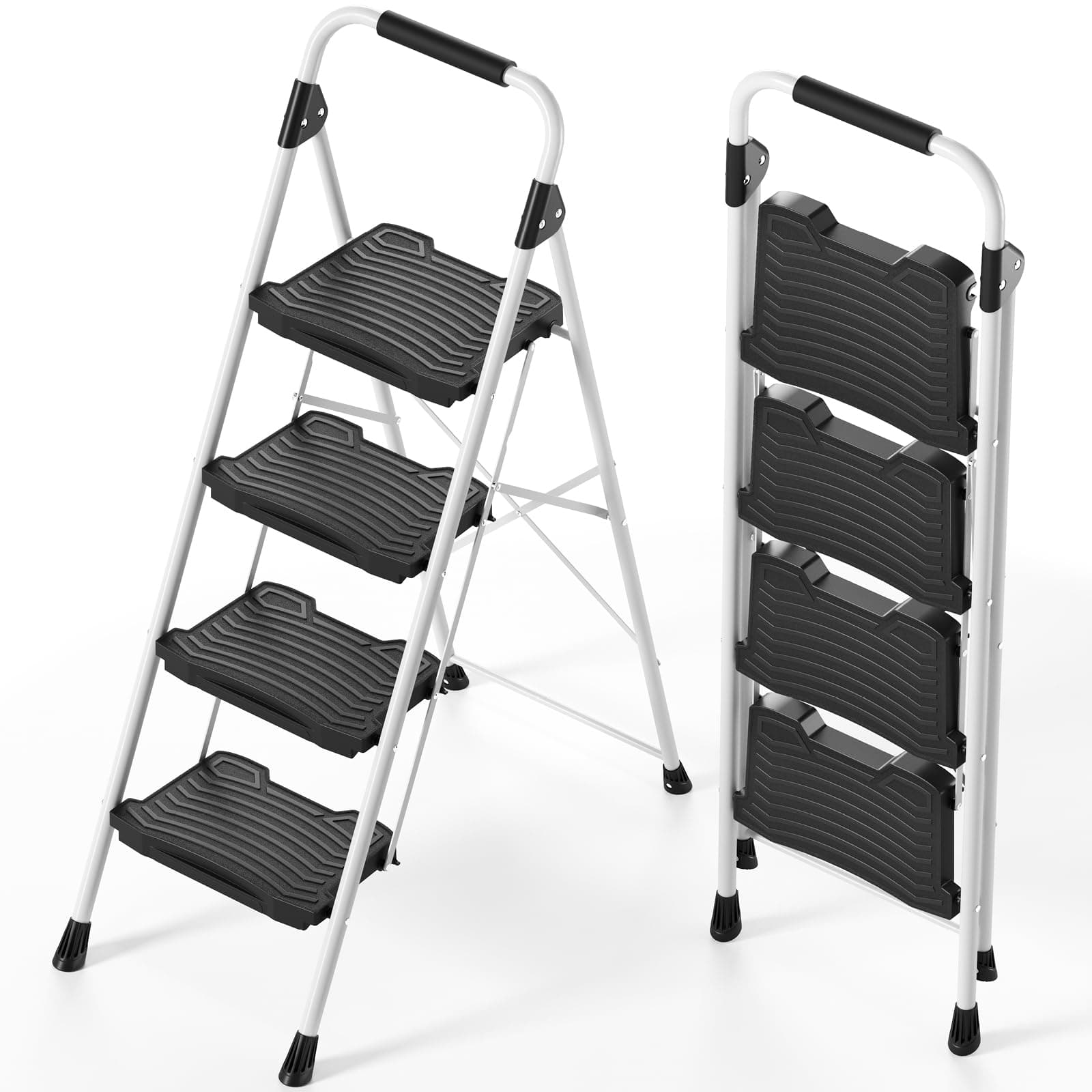 KINGRACK 4 Step Folding Ladder, 900 lbs Load Capacity, Non-Skid Large Pedals, Handrail, Safety Lock, Sturdy Step Stool for Home, Office, Garden, Multi-Purpose, WhiteGlobal Recycled StandardGlobal Recycled StandardGlobal Recycled Standard