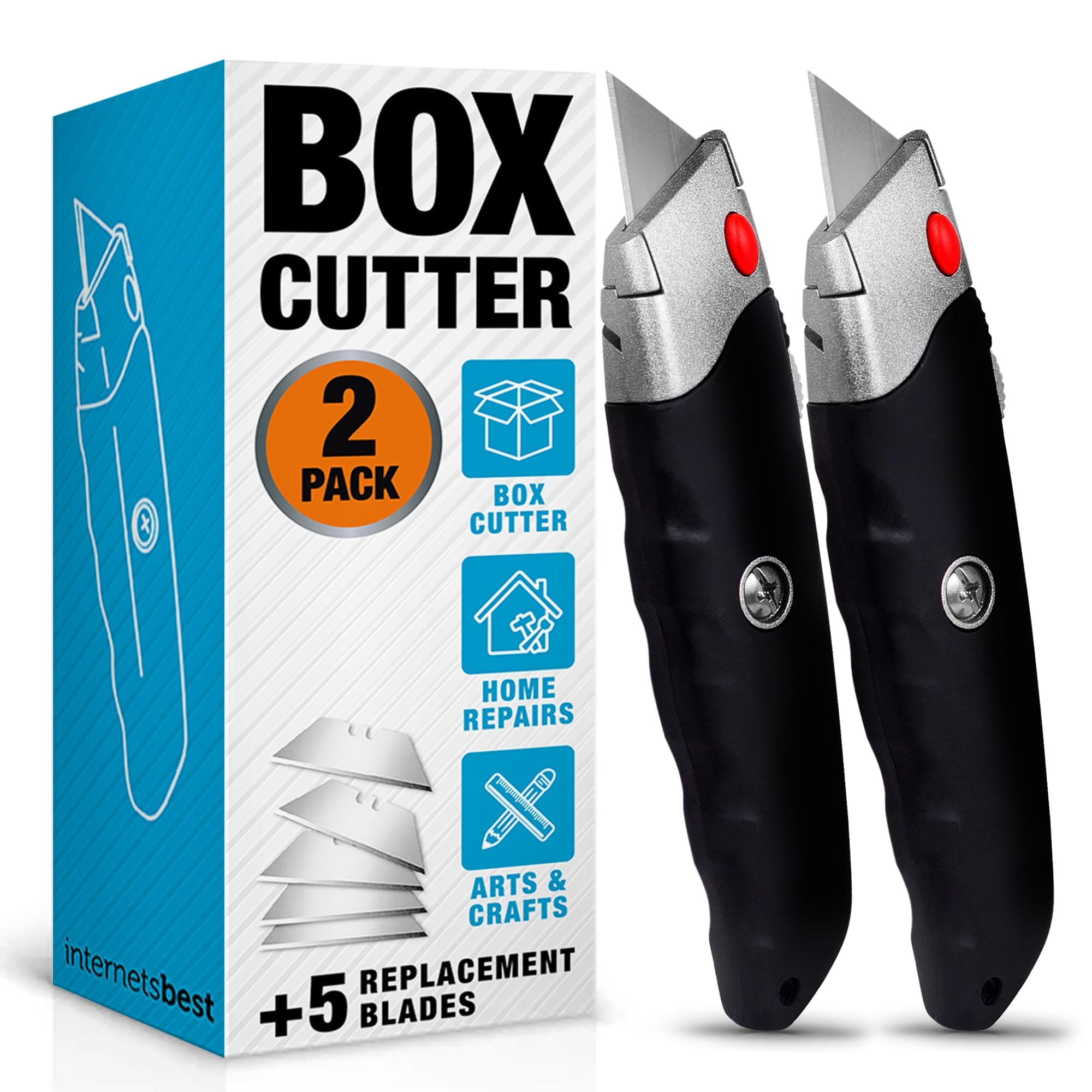 Premium Utility Knife Set | Retractable Box Cutter with Rubber Handle | Heavy-Duty Cutting for Cardboard, Carpet, Plastic | Retractable Blade | Includes 2 Razor Knives & Extra Blades