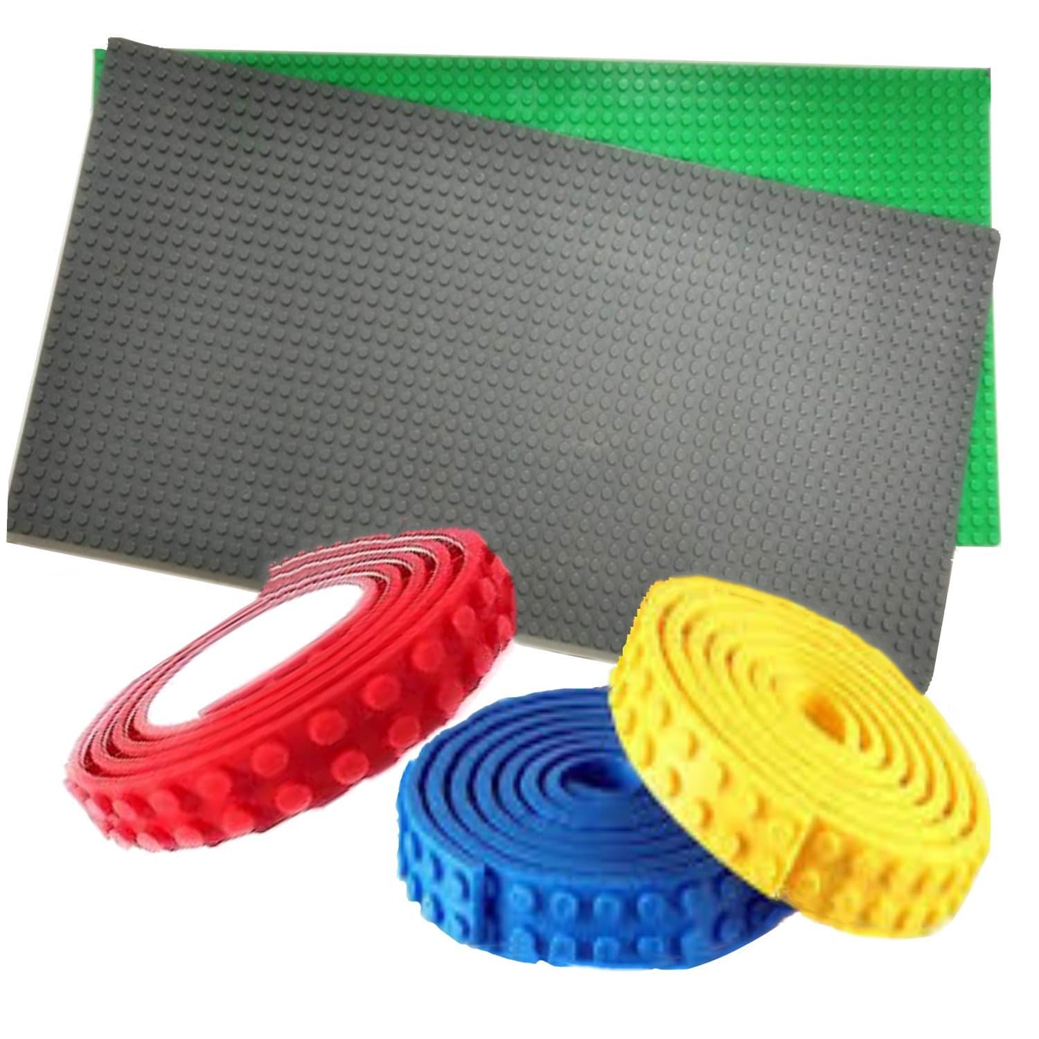 2 Extra Large Classic Building Baseplate | Green and Grey Baseboard | With 3 Brick Tapes - Blue, Red and Yellow | Flexible 1 m Long Adhesive Roll | BidaWay Building Block Supplement Set