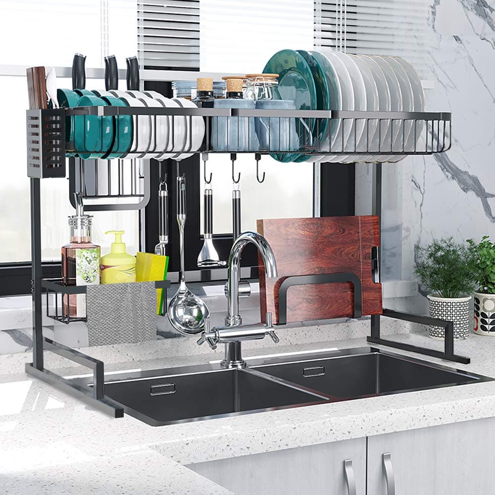 Over The Sink Dish Drying Rack, Adjustable Dish Drainer Shelf Multifunctional Kitchen Storage Organizer with Utensils Holder (Sink Size≤32.5in)