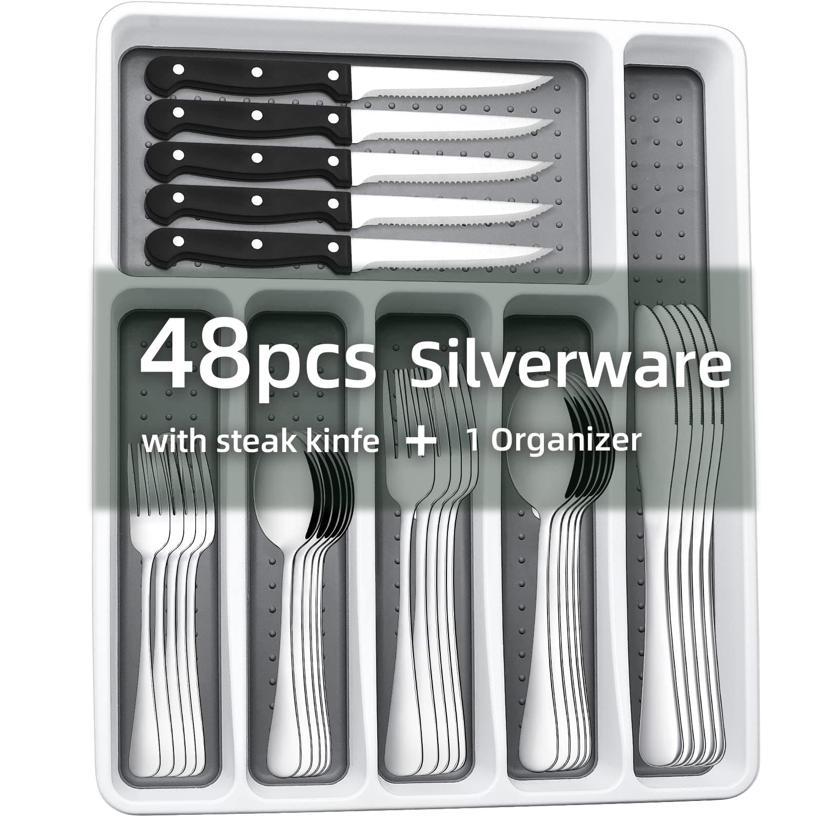 49-Piece Silverware Set with Organizer, CEKEE Stainless Steel Flatware Cutlery Set Service for 8, Mirror Polished Kitchen Utensils Set with Steak Knives Included Spoons and Forks Set & Tray
