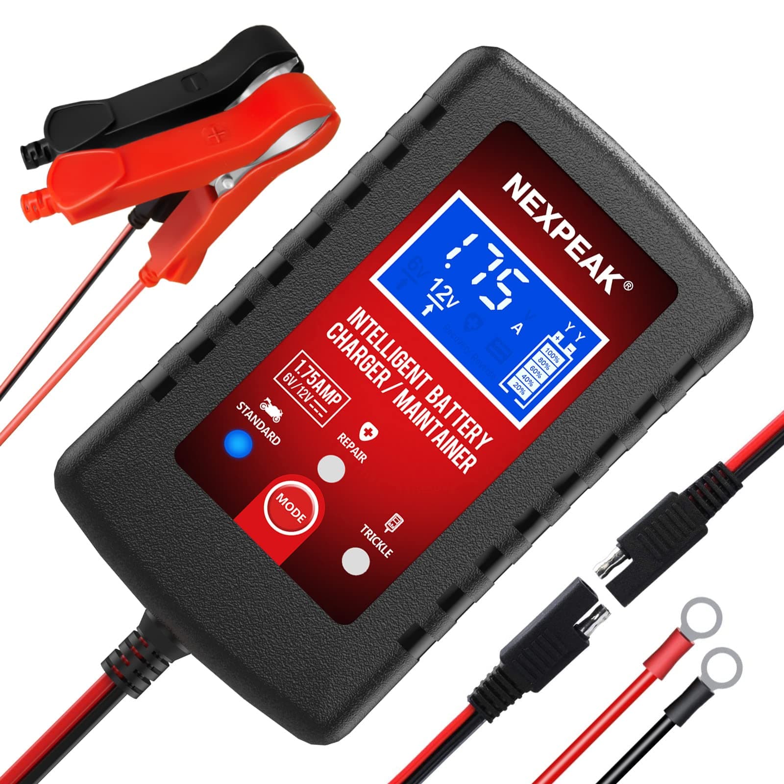 1.75-Amp 6V and 12V Smart Fully Automatic Battery Charger Maintainer, Trickle Charger, Battery Desulfator for Car, Lawn Mower, Motorcycle, Boat, Marine Lead Acid Batteries