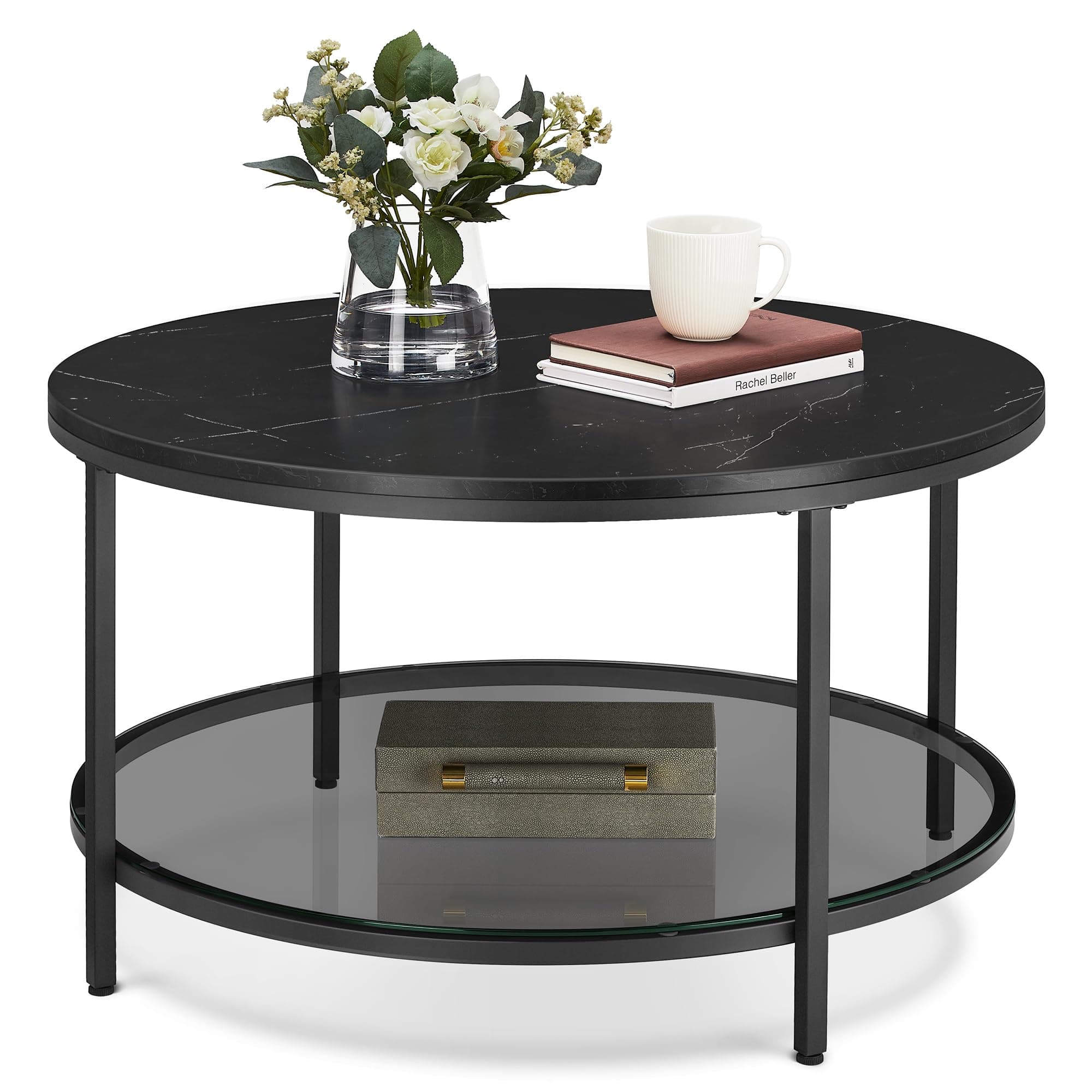 VASAGLE Round Coffee Table, Coffee Table, Marble Effect Table, Tempered Glass Shelf, Easy Assembly, Modern, Living Room, Black Marble and Ink Black, LCT071B58