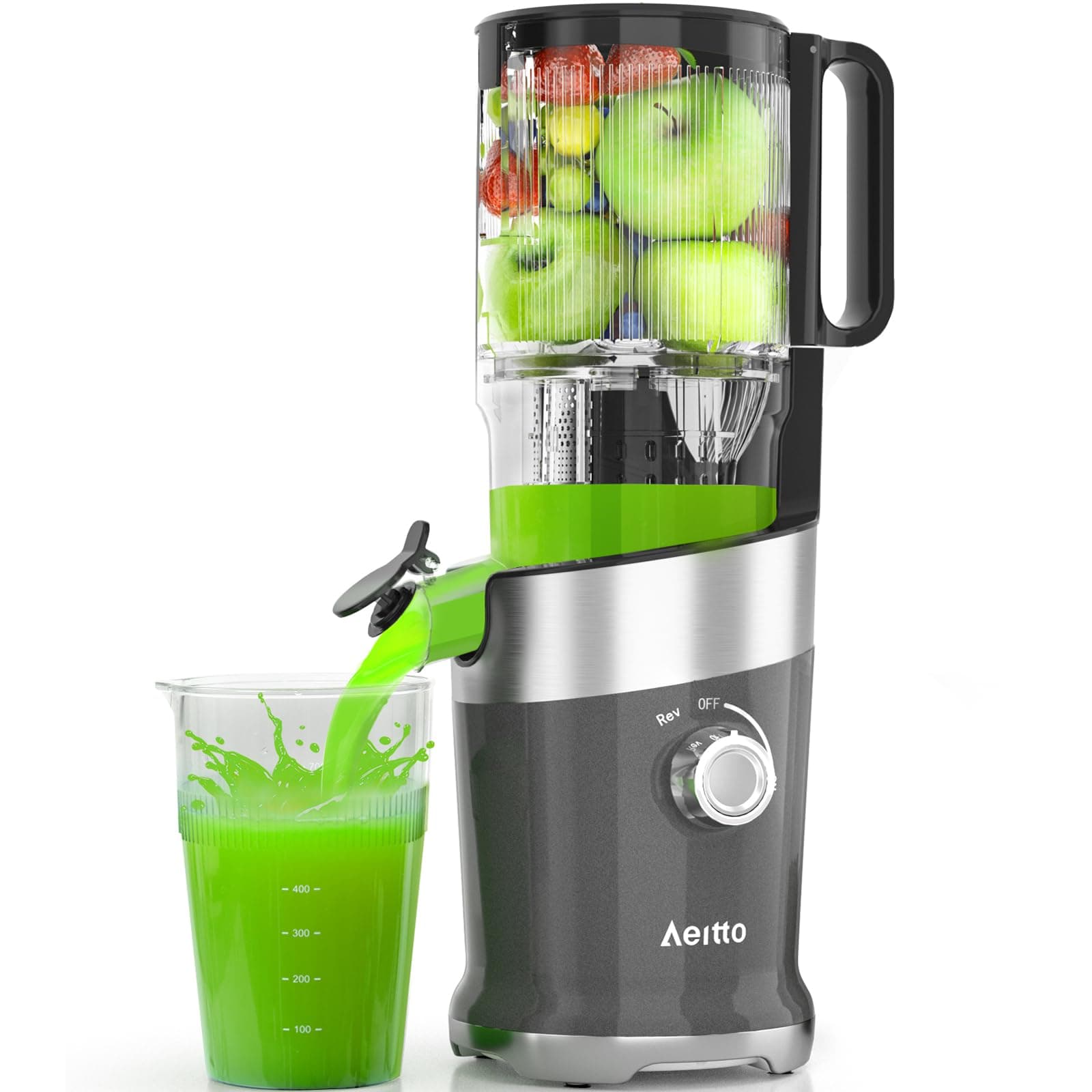 Aeitto Cold Press Juicer with 4.9" Extra Large Feed Chute, High Juice Yield, Self Feeding, Easy to Clean,Grey
