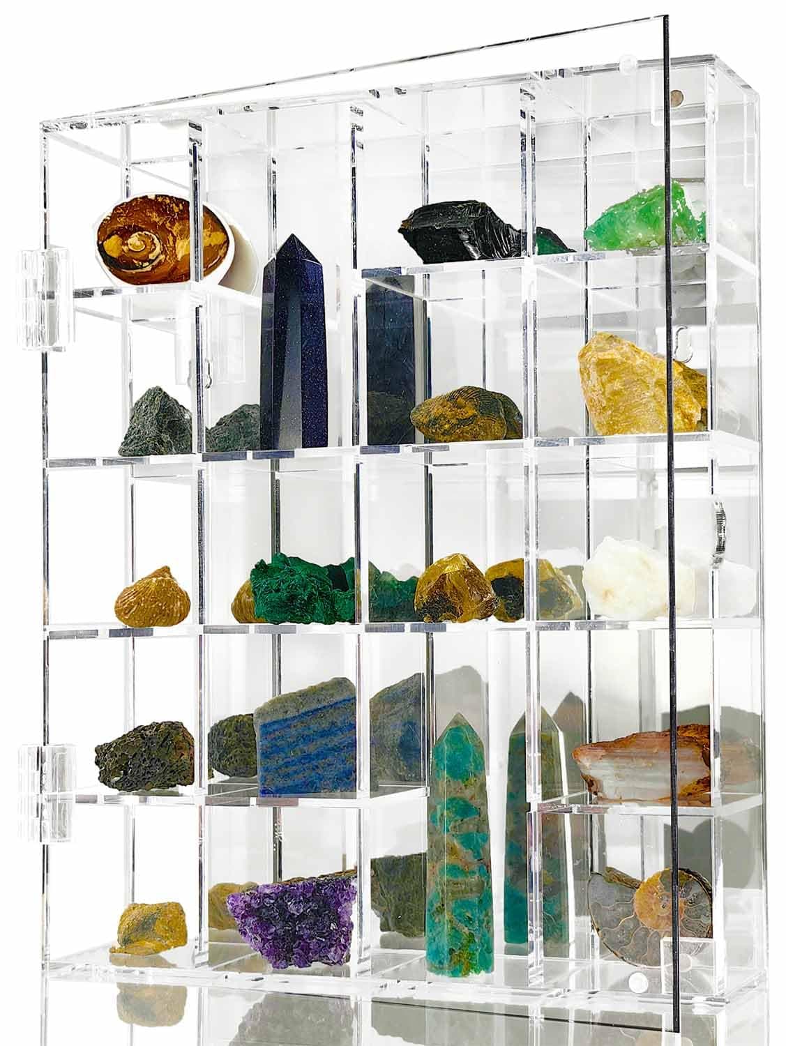Acrylic Display Case Adjustable Clear Rock Display Case Shadow Box with Shelves Storage Organizer for Mini Pop Figure, Collectibles, Mineral Crystal, Stones, Wall Mountable, with Mirrored & Lid