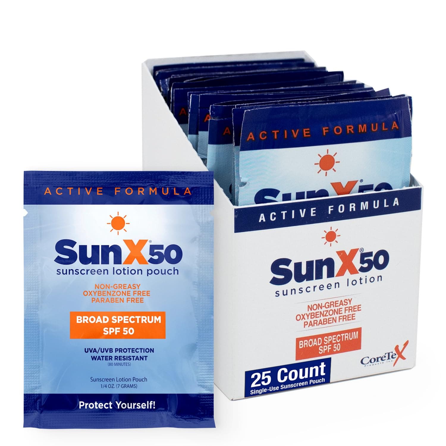 CoreTex Sun X 50 SPF Broad Spectrum Sunscreen Packets - Pack of 25 Paraben, Oxybenzone, Octinoxate, & Oil Free Sunscreen - No White Cast and Water Resistant Up to 80 Minutes