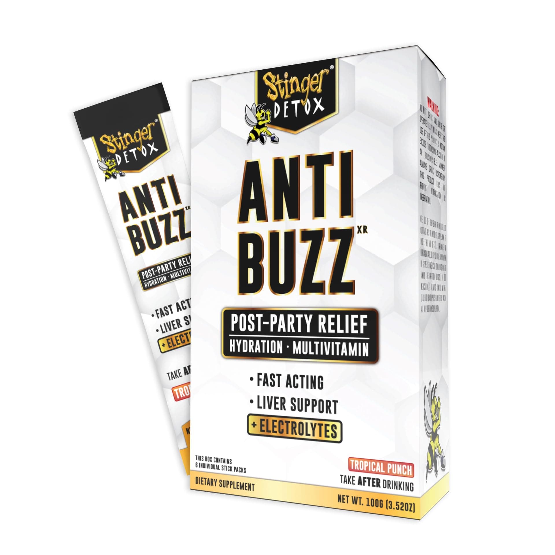 Anti-Buzz Post-Celebration, Hydration & Multivitamin Packet Drink Mix | DHM, VIT. B Complex, Riboflavin, Niacin + Electrolytes | Tropical Punch 1 Pack (6 Servings)