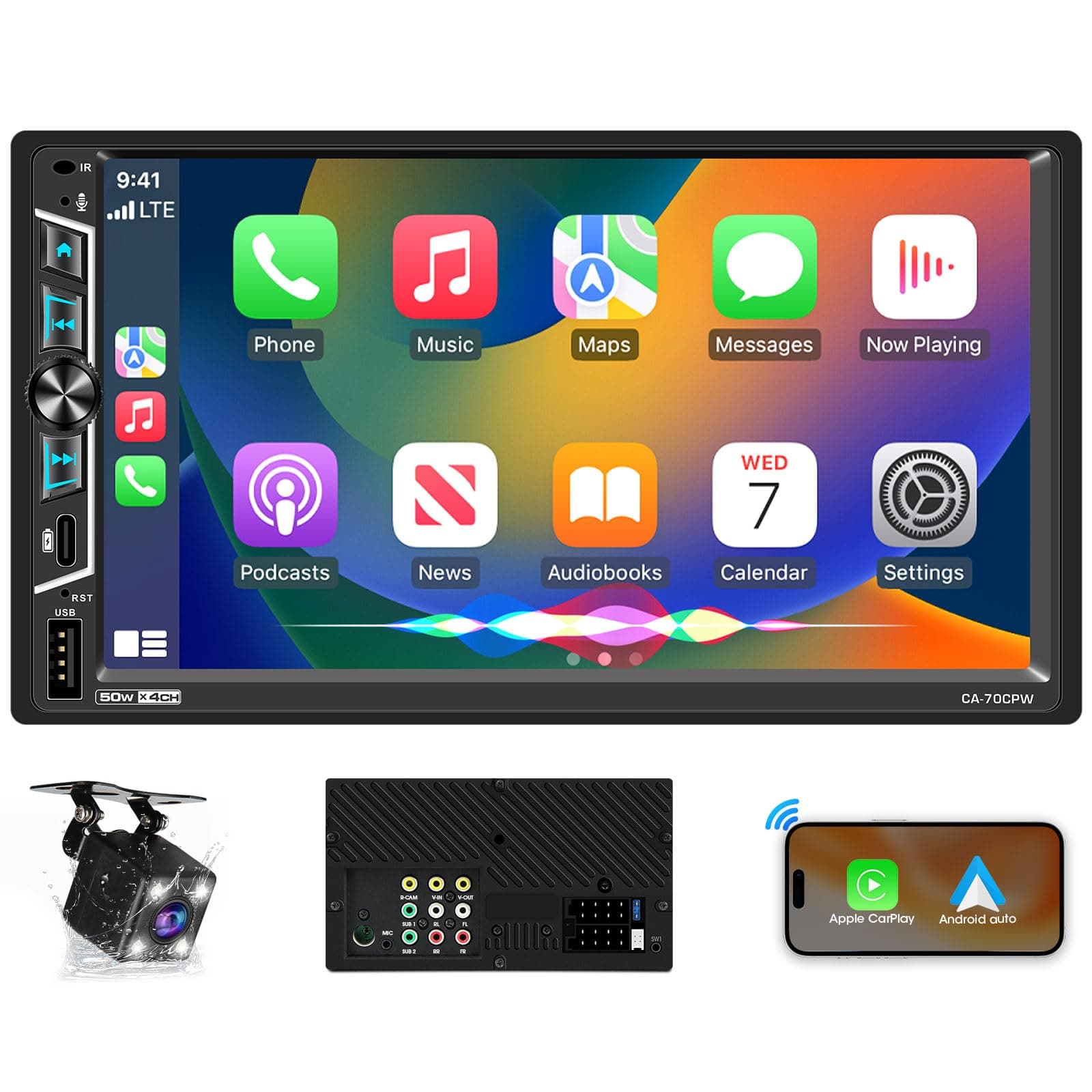 Double Din Wireless CarPlay Stereo: 7 Inch Wireless Android Auto Car Radio with 2 Subwoofer Outputs - IPS Touchscreen GPS Navigation Bluetooth HD Backup Camera Type-C Fast Charge