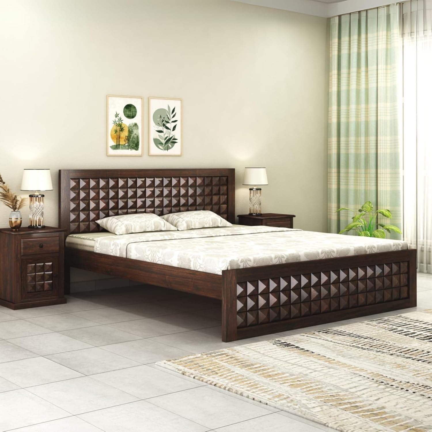 Diamond Solid Sheesham Wood Bed Queen Size Without Storage (78x60) Double Bed Queen Size Cot for Bedroom (Walnut Finish)
