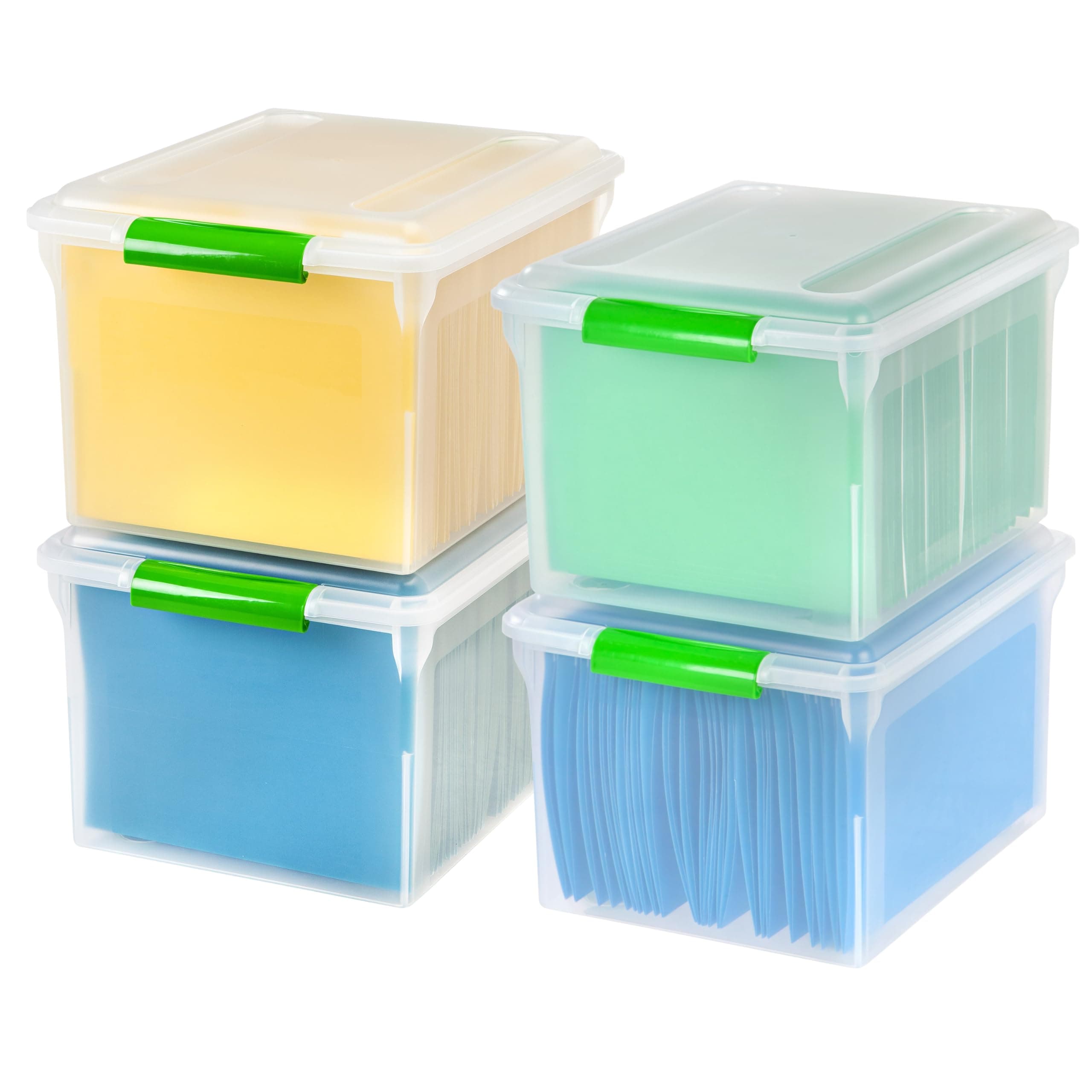 IRIS USA File Box File Organizer Plastic File Box for Letter/Legal File, BPA-Free Plastic Storage Bin Tote Organizer w/Secure Latching Lid and Easy-Slide Pad, Clear 35 Qt. 4Pack