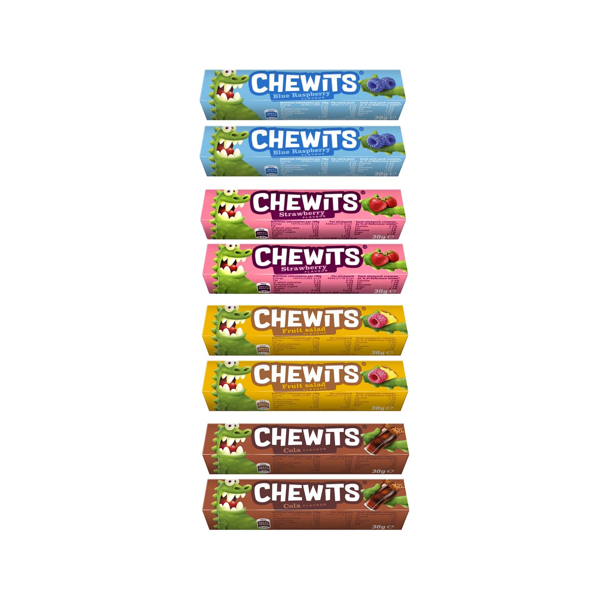 Chewit Sweets Bundle - 8 Pack Bundle (8 x 30g Packs) - 2 Strawberry, 2 Fruit Salad, 2 Blue Raspberry, 2 Cola Flavours